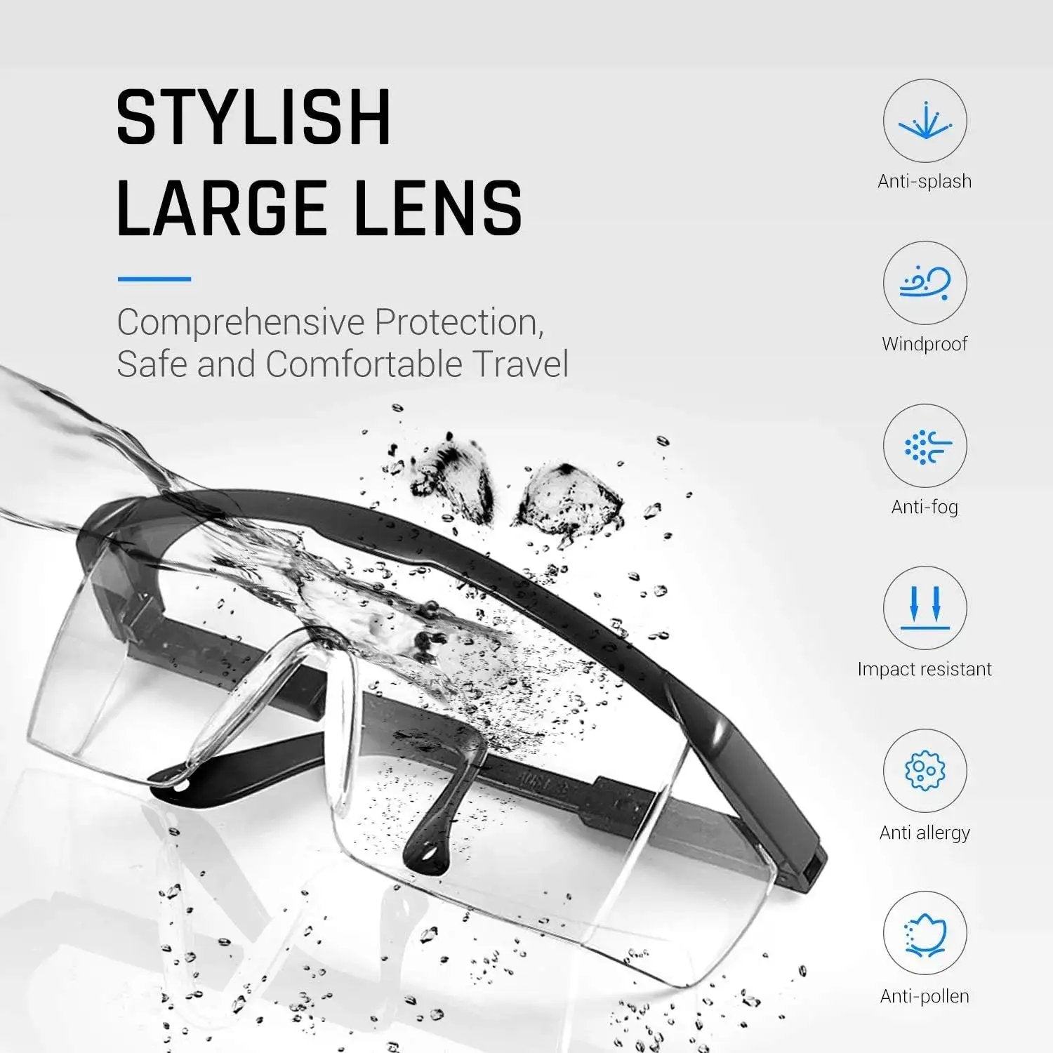 HD Anti Fog Safety Glasses Over Eyeglasses With Adjustable Frame For Protection in water splash test with durability icons