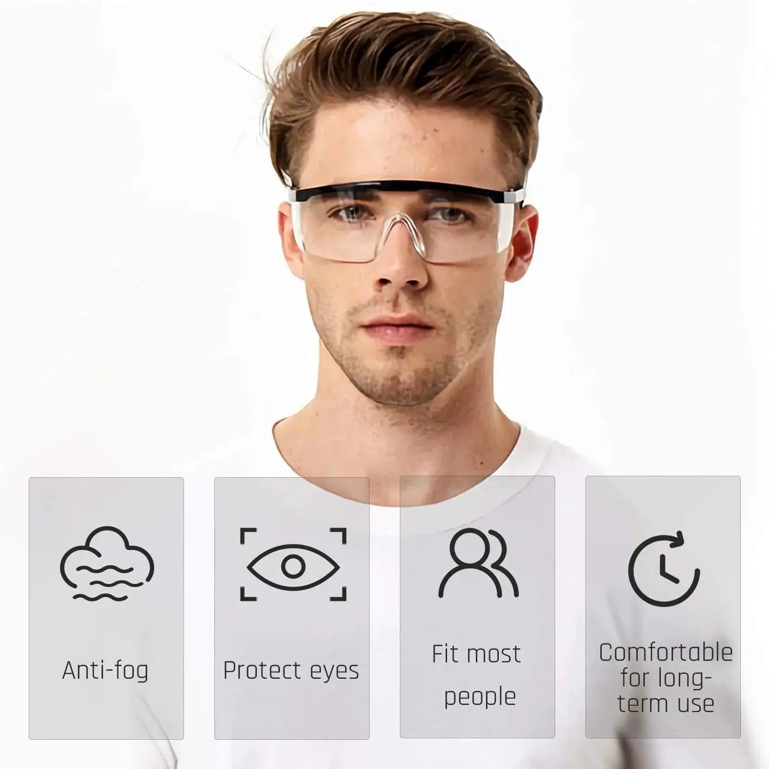 Person wearing HD Anti Fog Safety Glasses Over Eyeglasses With Adjustable Frame For Protection, highlighting anti-fog and fit features.