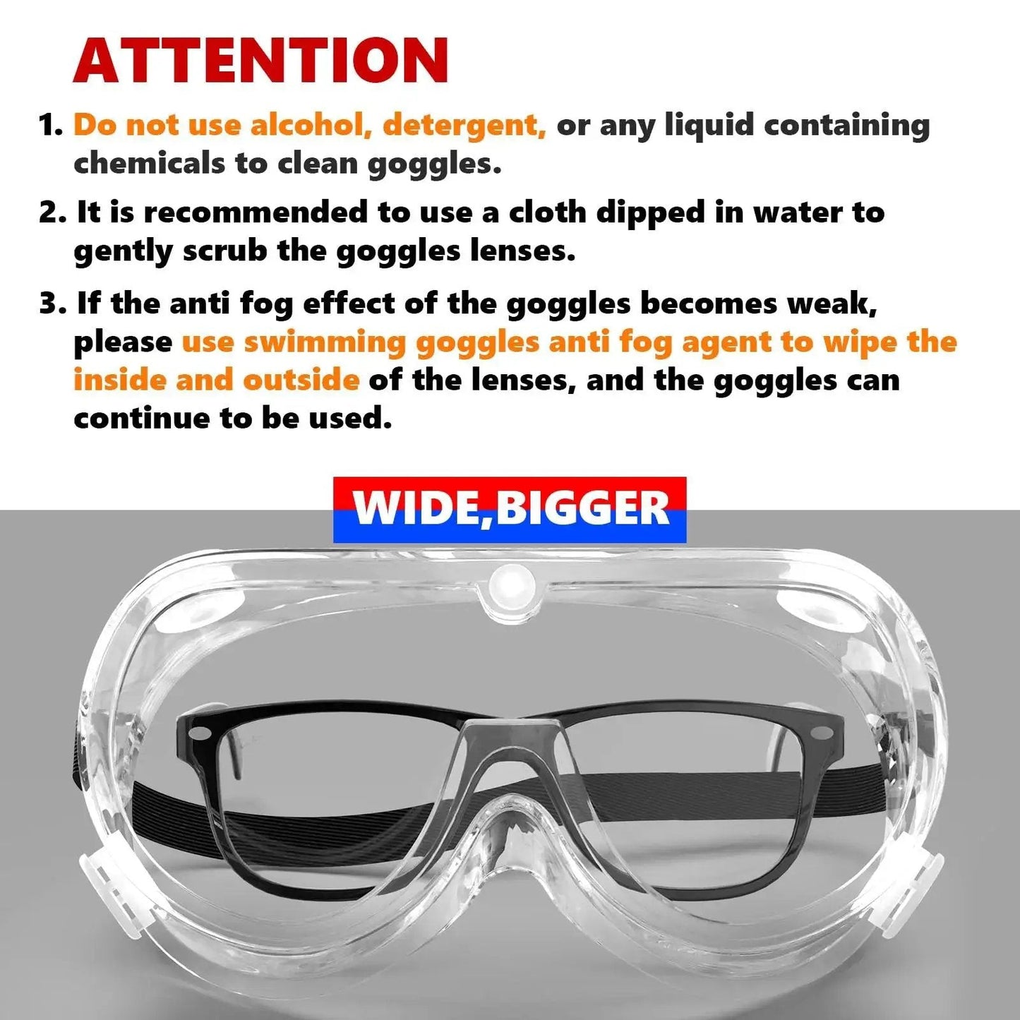 Anti Fog Safety Goggles With Wide Vision Lens For Chemical Splash with instructions for cleaning and maintenance