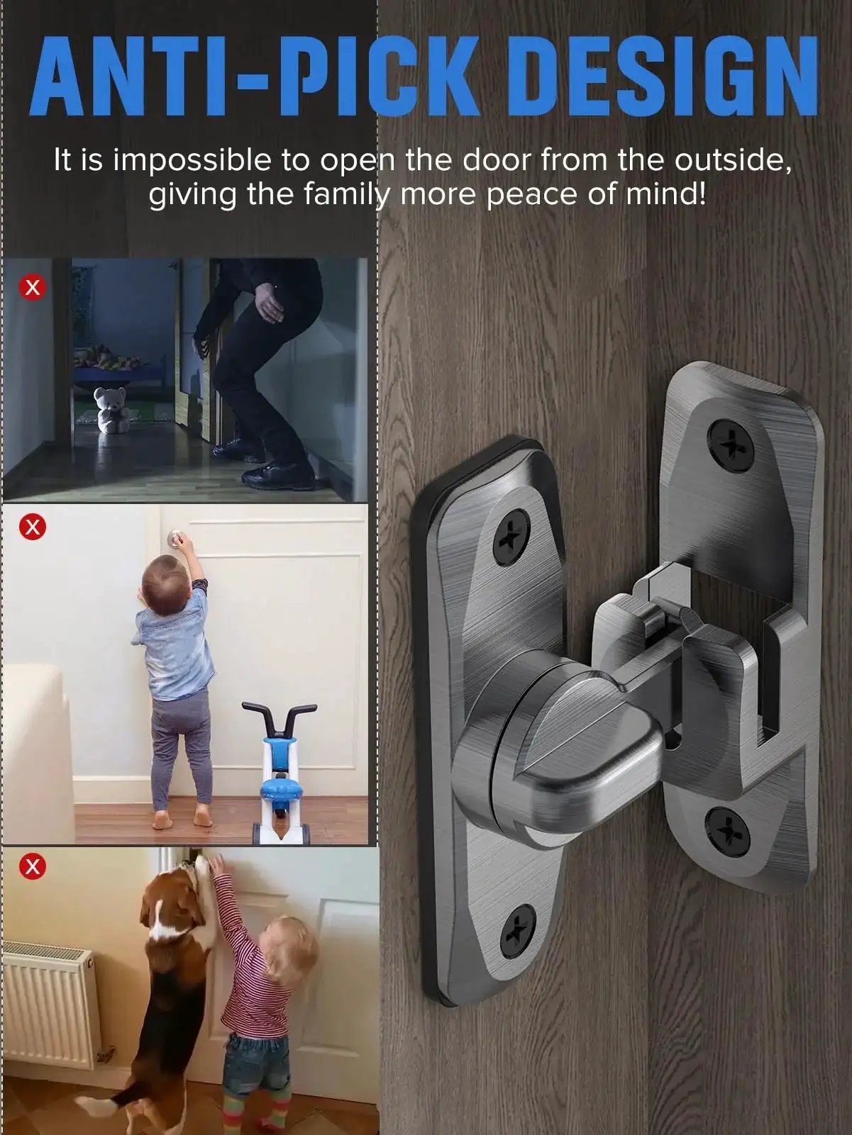 Anti-pick design 90 And 180 Degree Flip Barn Door Lock 2 In 1 Privacy Security Sliding Latch shown with secure installation.