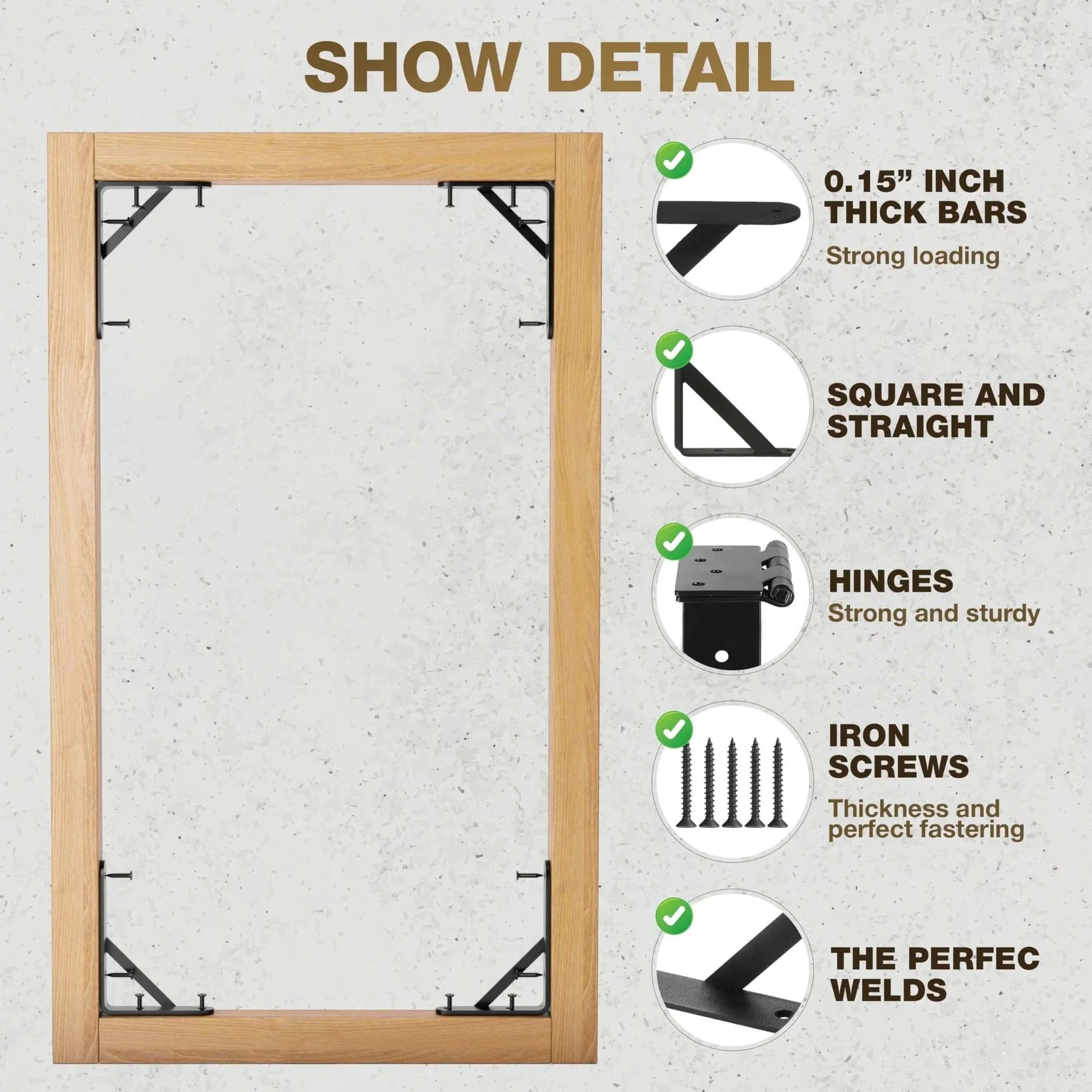 Anti Sag Gate Kit with 90 Degree Gate Corner Bracket and Heavy Duty Hinges, detail of components and installation highlights.