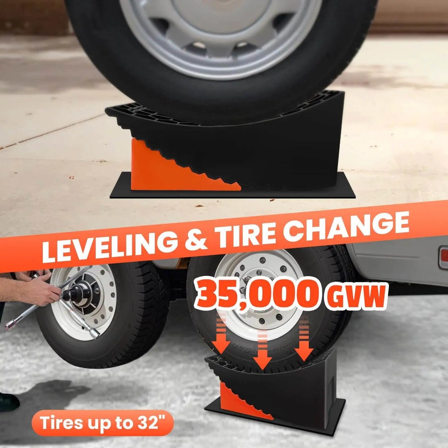 Tire Change Ramp for Trailers and Campers Lifts Up to 6.3 Inches No Jack Needed Anti Slip Ramp with chocks in use