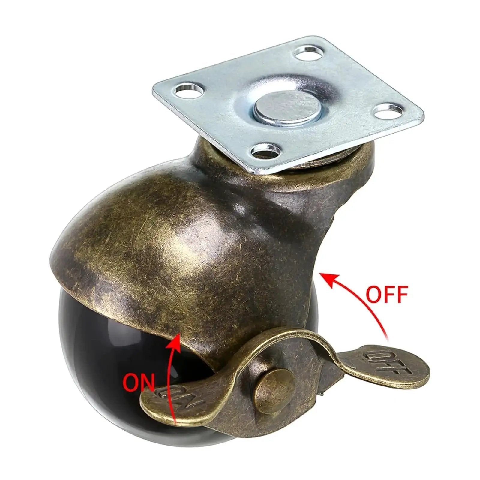 2 Inch Antique Brass Ball Caster With Brake, showing brake mechanism, for Sofa Cabinet Kitchen Cart, Quiet Smooth Mobility