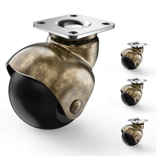 Close-up of a 2 Inch Antique Brass Ball Casters Without Brake Vintage Swivel Plate Caster Wheels Set of 4 for furniture.