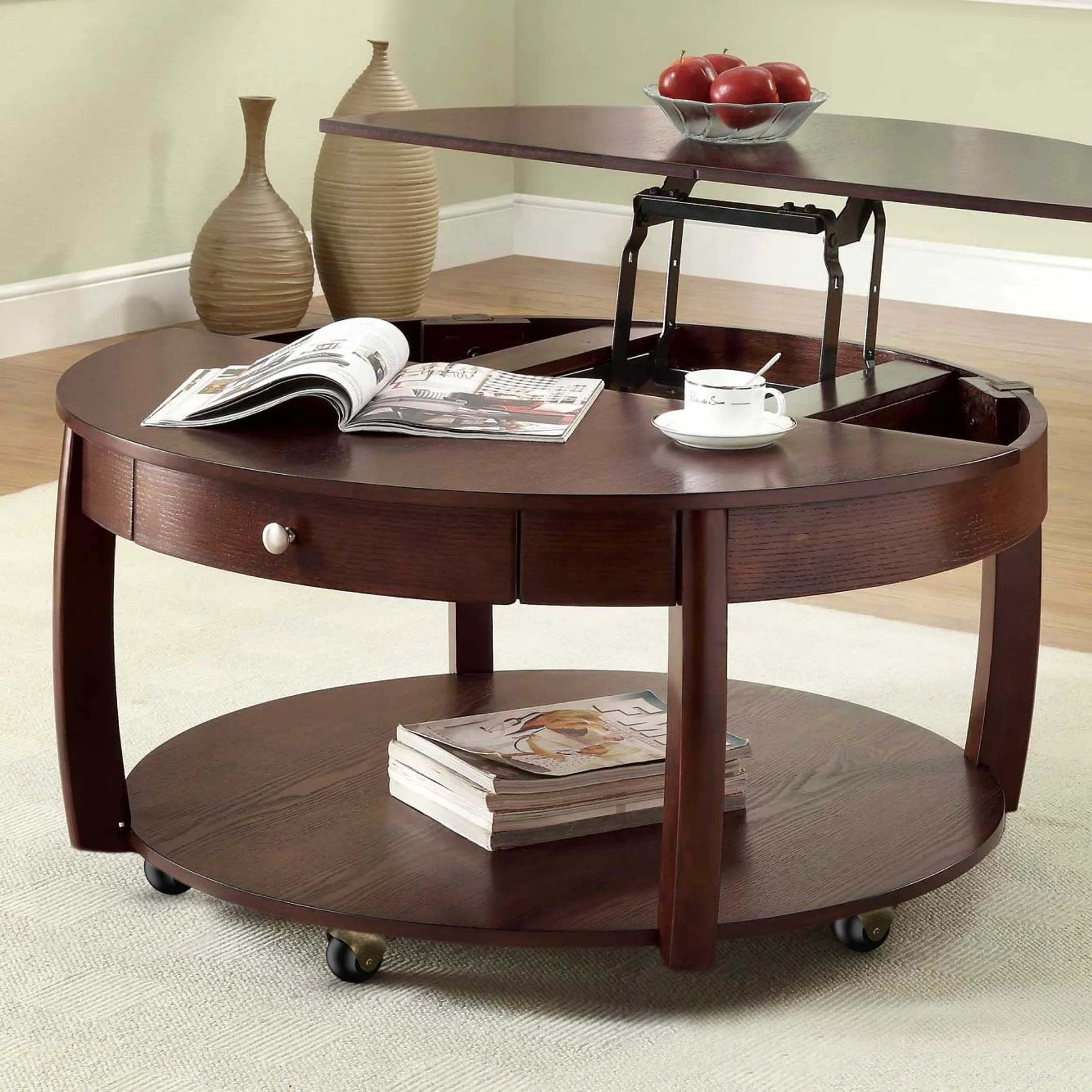 Oval coffee table with hidden storage on 2 Inch Antique Brass Ball Casters Without Brake Vintage Swivel Plate Caster Wheels Set of 4