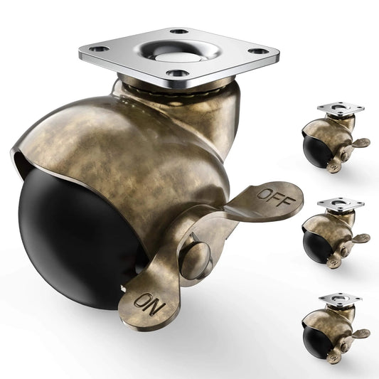2 Inch Antique Brass Ball Casters Vintage Swivel Plate Caster Wheels with Brake Set of 4 Heavy Duty Furniture Wheels