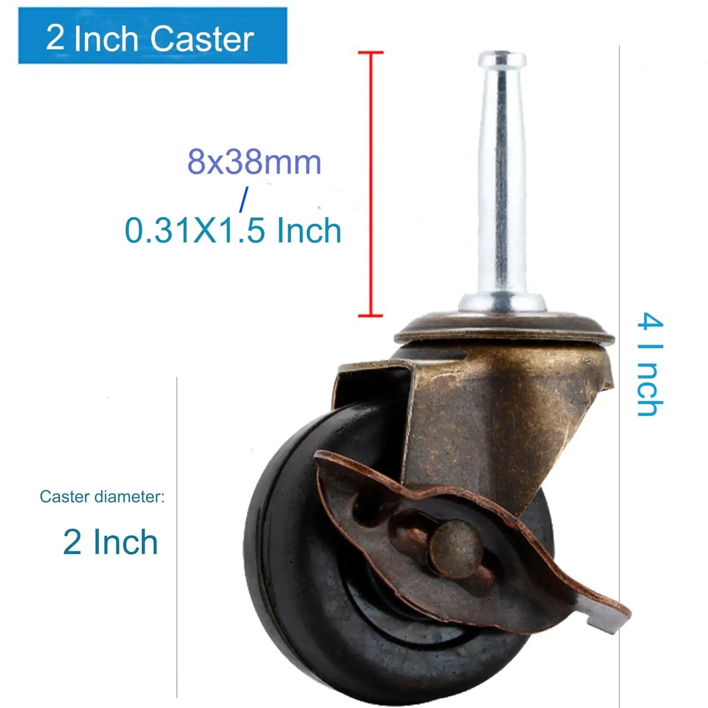 Antique Brass Casters Wheels Set 2 Inch With Brake Rubber Stem Casters For Vintage Furniture Replacement 5/16 By 1-1/2 Inch Stem 8 By 38 Millimeters Steel Frame Electroplated Bronze Finish