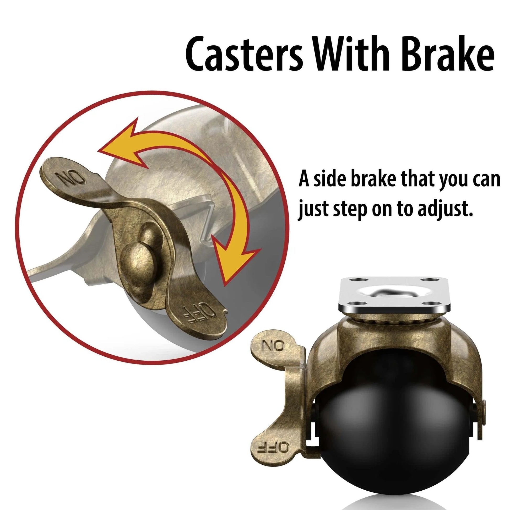 Close-up of 2 Inch Antique Brass Ball Casters Vintage Swivel Plate Caster Wheels with Brake, showing side brake mechanism