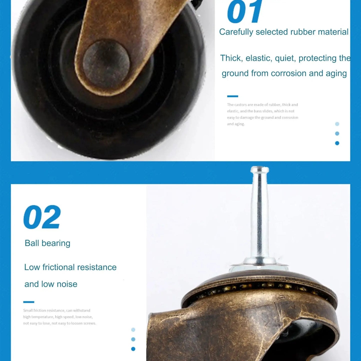 Close-up of Antique Brass Casters Wheels Set 2 Inch With Brake Rubber Stem Casters For Vintage Furniture Replacement 5/16 By 1-1/2 Inch Stem 8 By 38 Millimeters Steel Frame Electroplated Bronze Finish showing rubber wheel and metal stem.