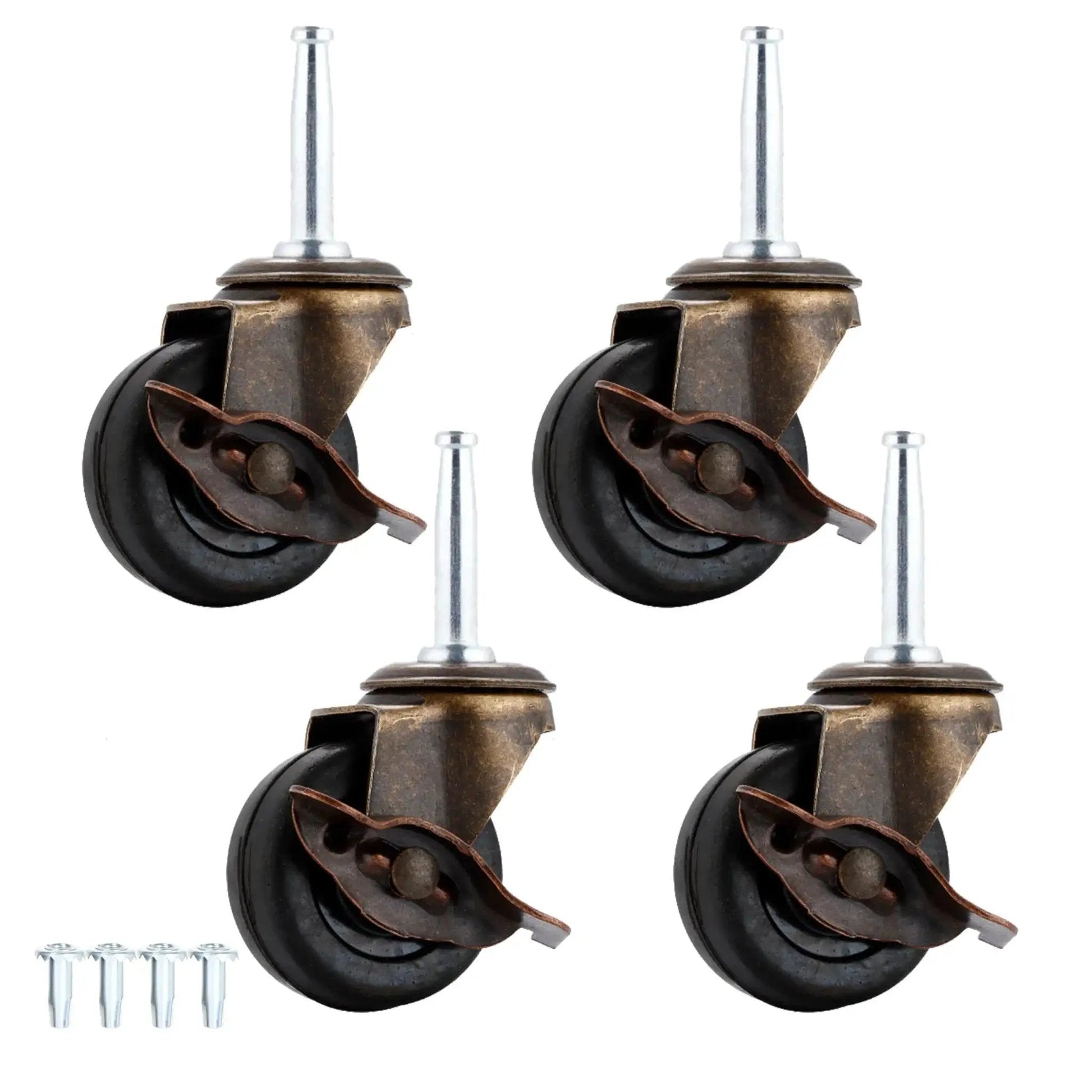 Antique Brass Casters Wheels Set 2 Inch With Brake Rubber Stem Casters For Vintage Furniture Replacement 5/16 By 1-1/2 Inch Stem
