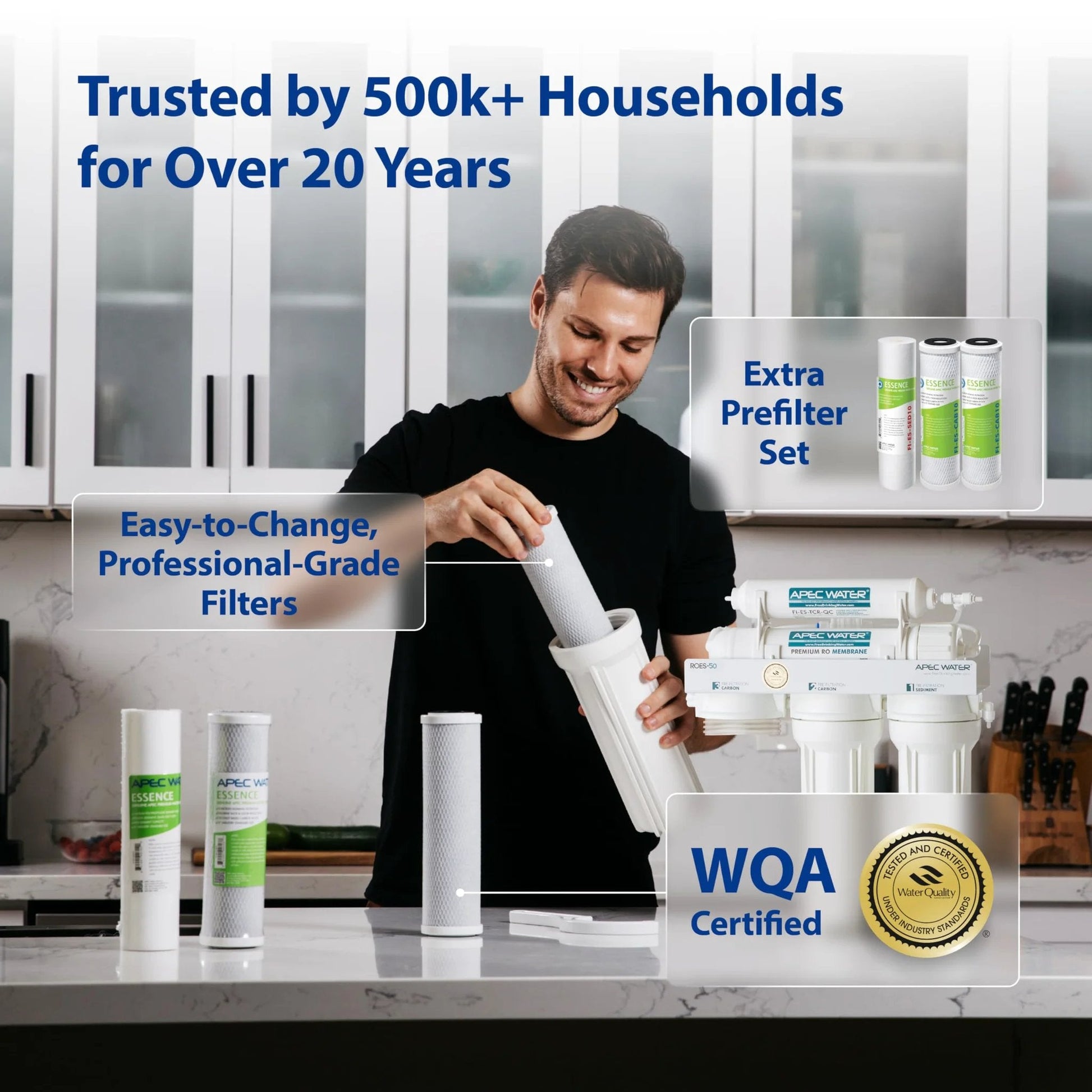 Close-up of a man holding a filter component for the Essence Series Alkaline Mineral PH Plus 75 GPD 6 Stage Reverse Osmosis Drinking Water Filter System By APEC Water Systems.