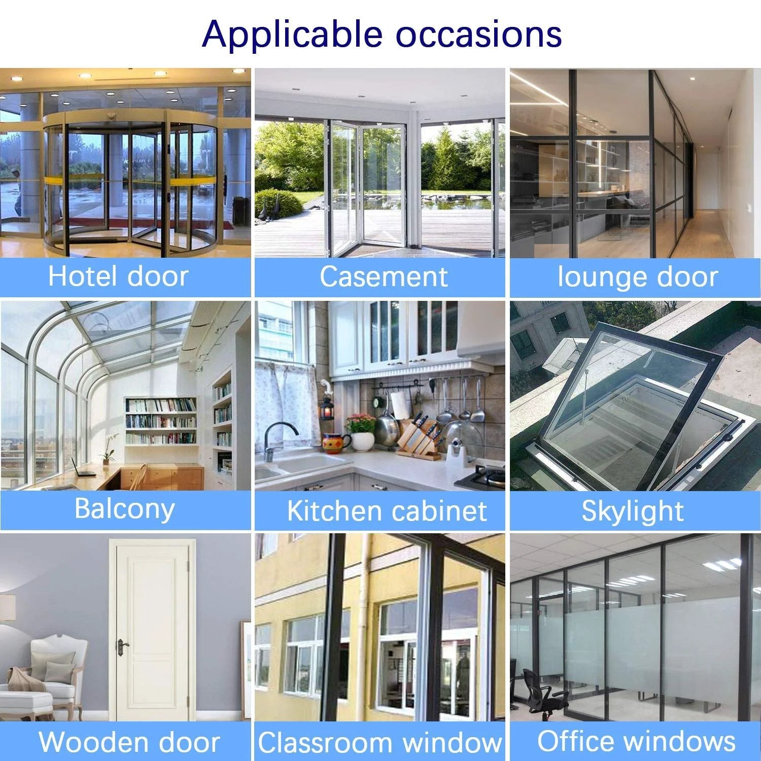 Various settings showing usage of Weather Stripping Transparent Adhesive Silicone Tape 33 Feet Long 25mm Wide for doors, windows, and showers.