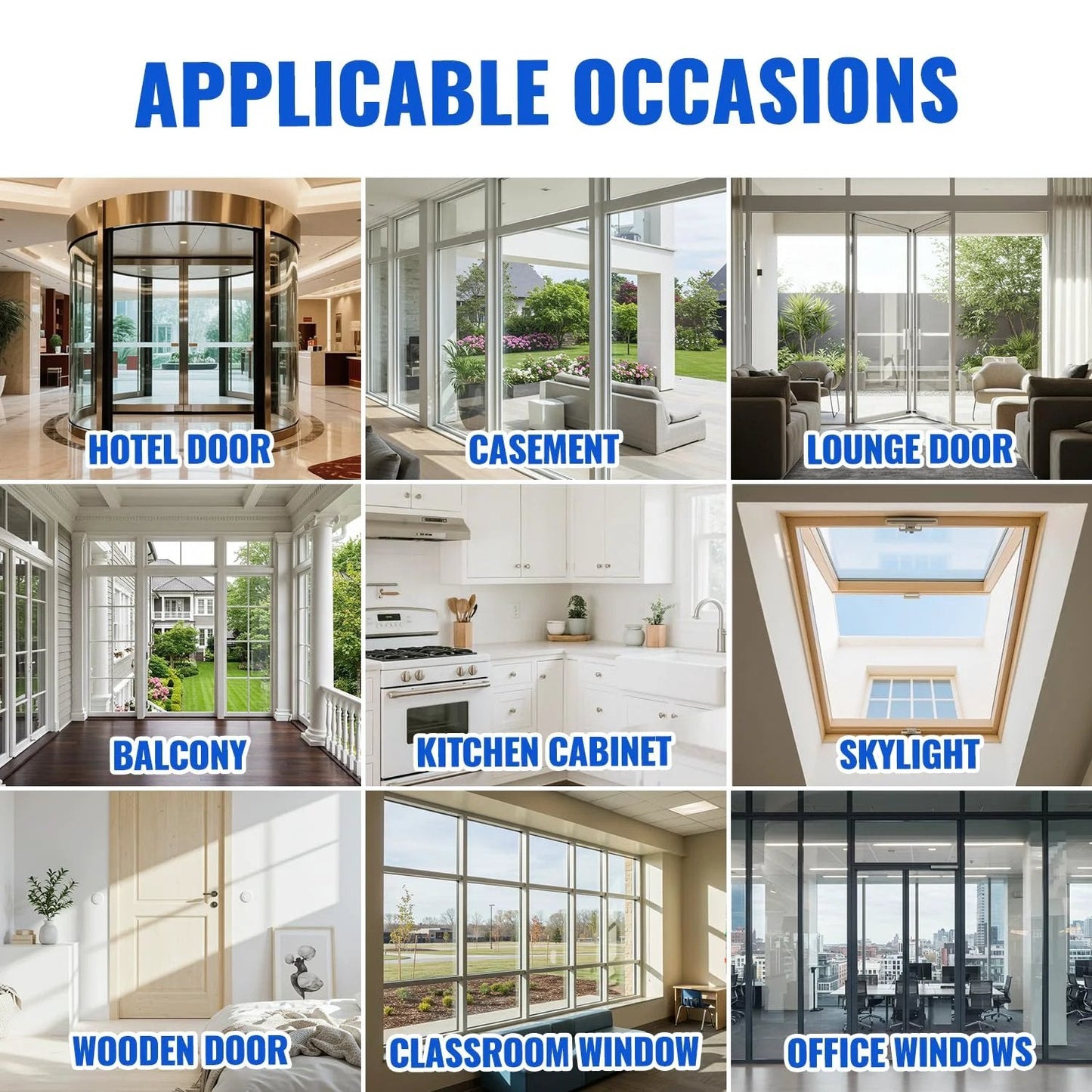 Image displays various applicable occasions for Clear Weather Stripping Tape For Doors Windows And Shower Enclosures, 33 Feet Long, 1.8 Inches Wide.