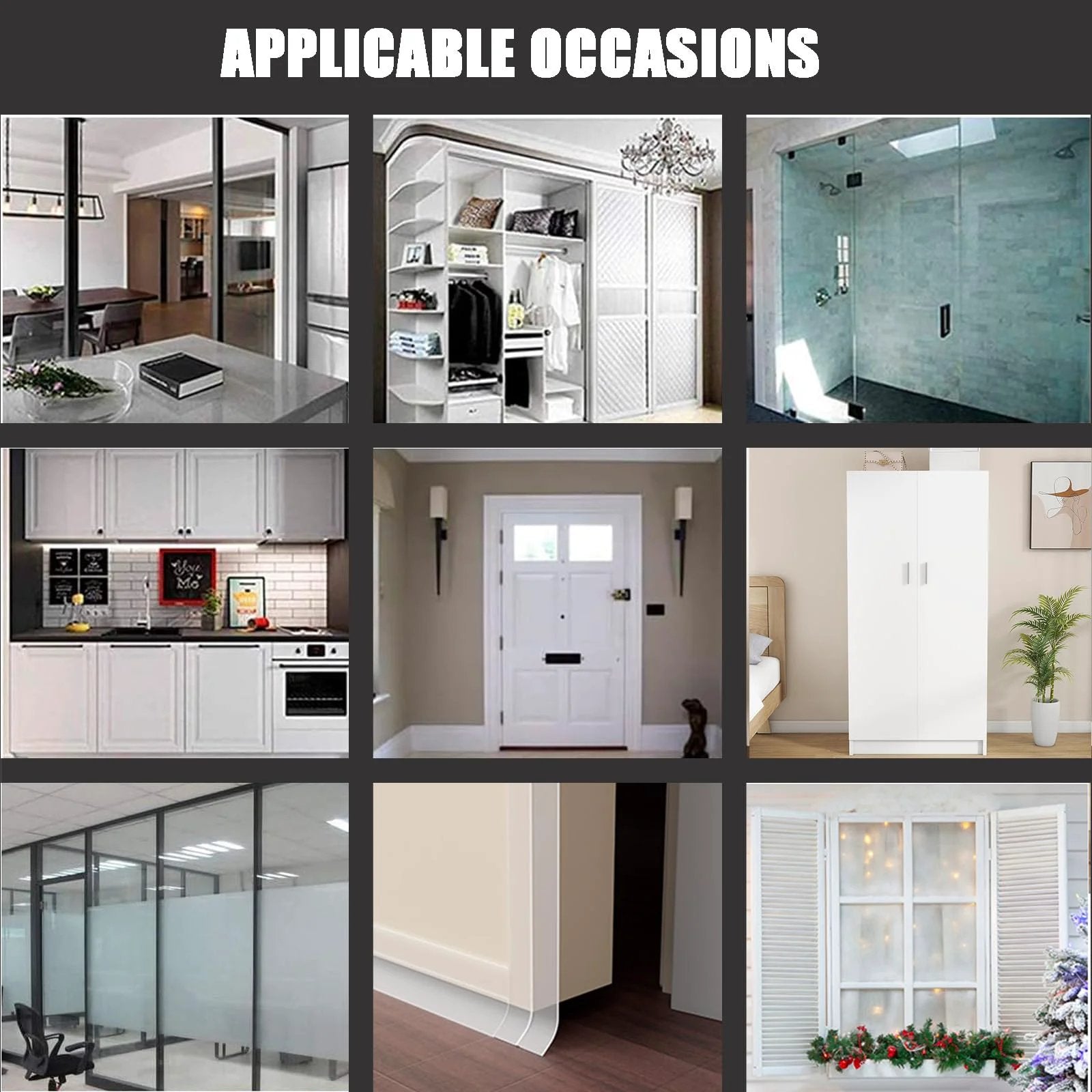 Collage of various home and office settings showcasing Upgrade T Shaped Door Draft Stopper Clear Silicone Weather Stripping applications.