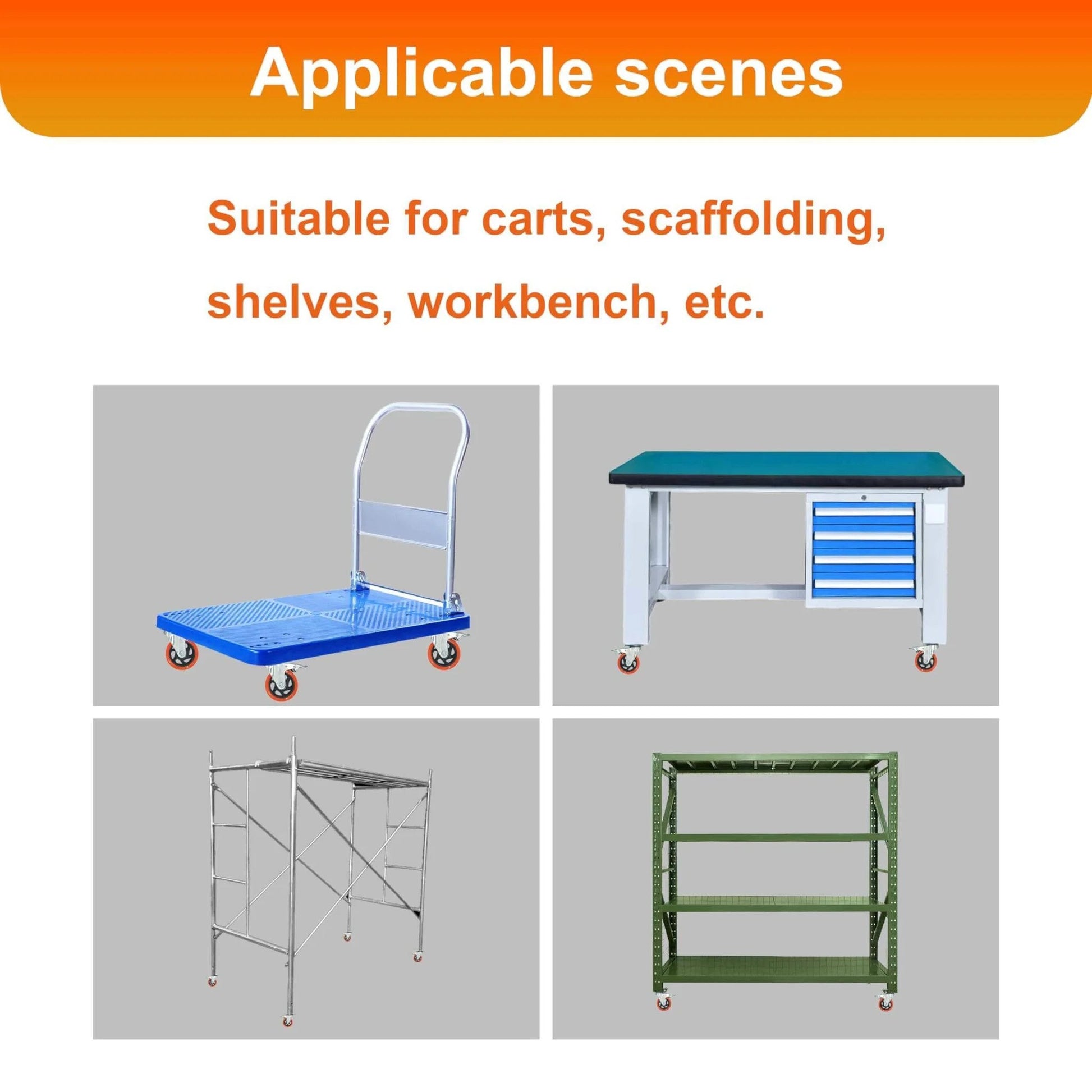Various applications of 8 piece 4 inch heavy duty locking swivel casters with brake on carts, workbenches, and shelves.
