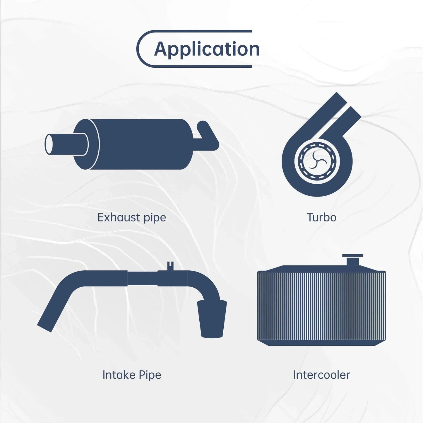 Illustration of exhaust pipe, turbo, intake pipe, and intercooler for automotive applications