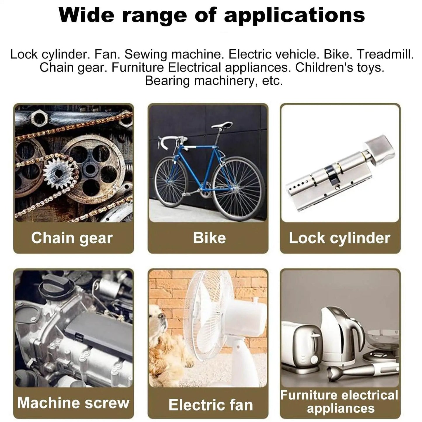 Wide range of applications for Extend Door Lock Hinge Lubricant 60ml Grease And Penetrating Oil with bike, chain gear, lock cylinder images