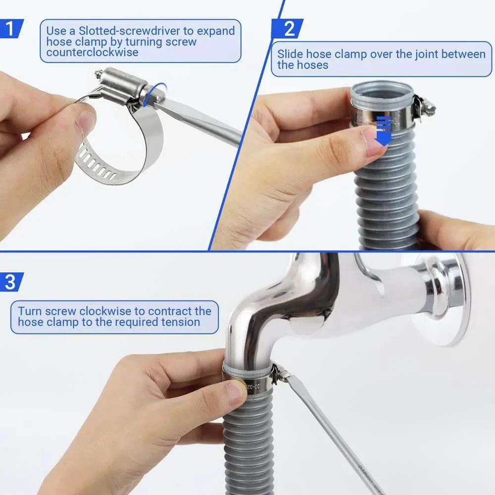 52 Piece Hose Clamp Kit In Premium 304 Stainless Steel With Adjustable Worm Gear Clamps From One Quarter Inch To One And A Half Inch Six To Thirty Eight Millimeter For Plumbing Automotive And Mechanical Applications A Durable Corrosion Resistant Clamp Set demonstrated in use.