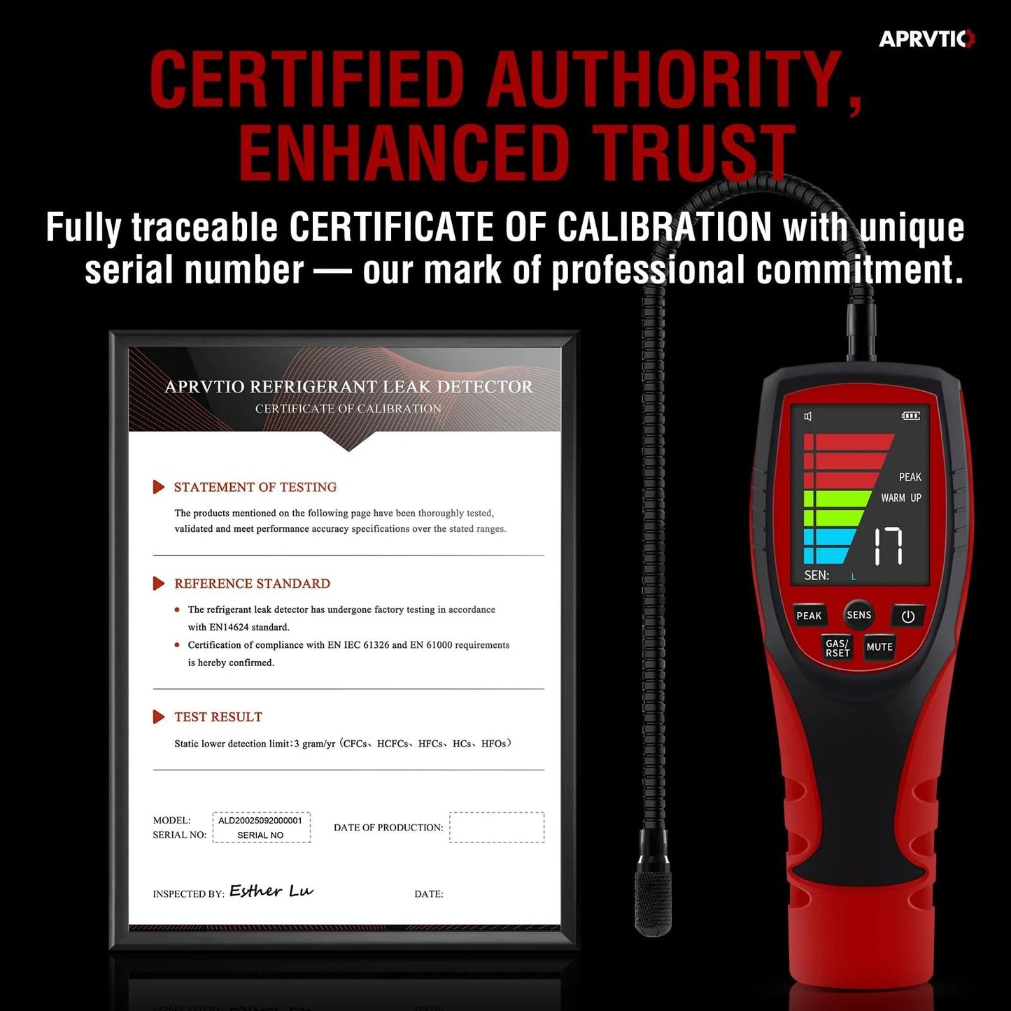 Certificate of calibration for the Reliable HVAC Refrigerant Leak Detector With Two Point Six Inch Color Display Three Sensitivity Levels.