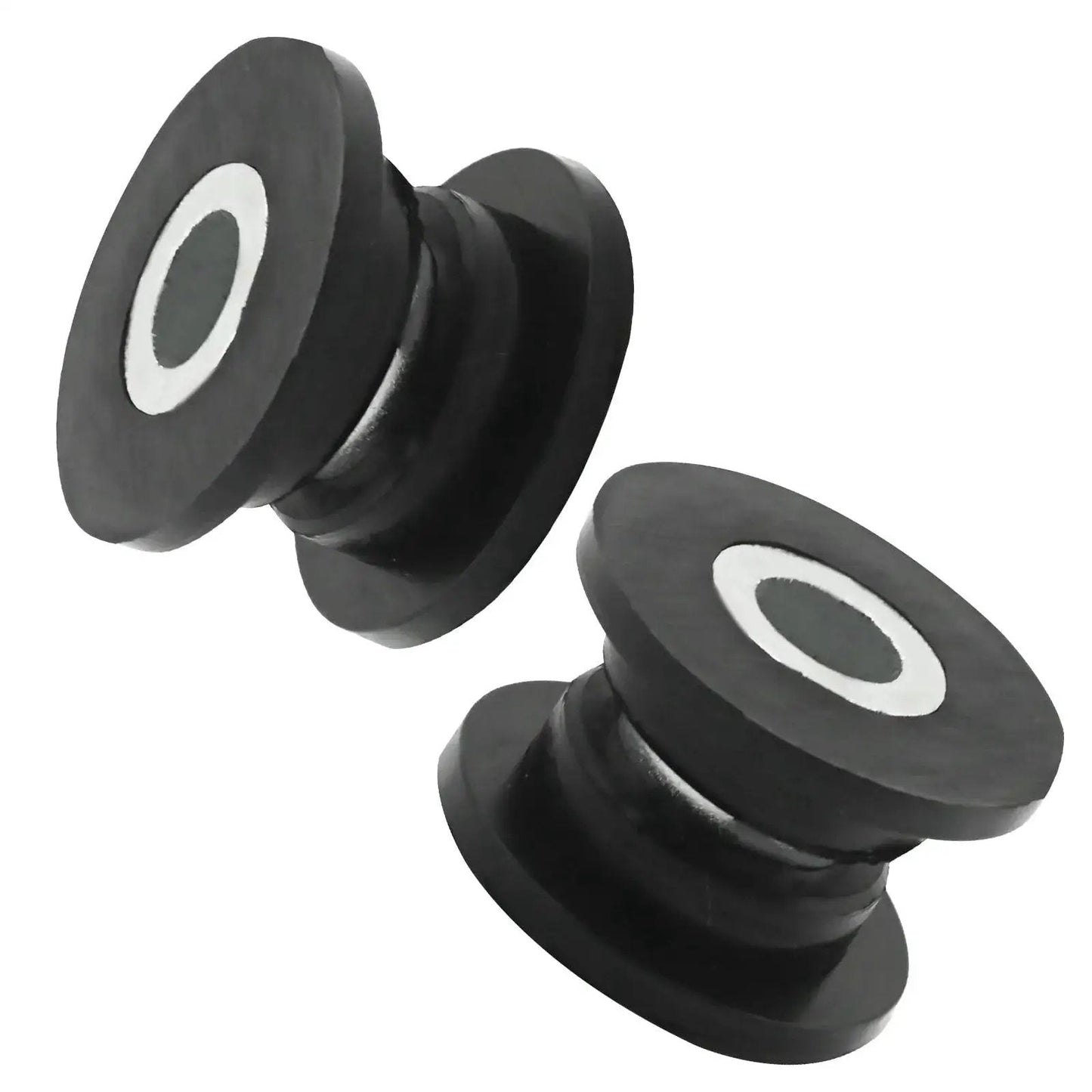Two black bushing and sleeve components from Eight Piece Absorber Shock Bushing And Bearing Sleeve Kit For Arctic Cat ATVs.