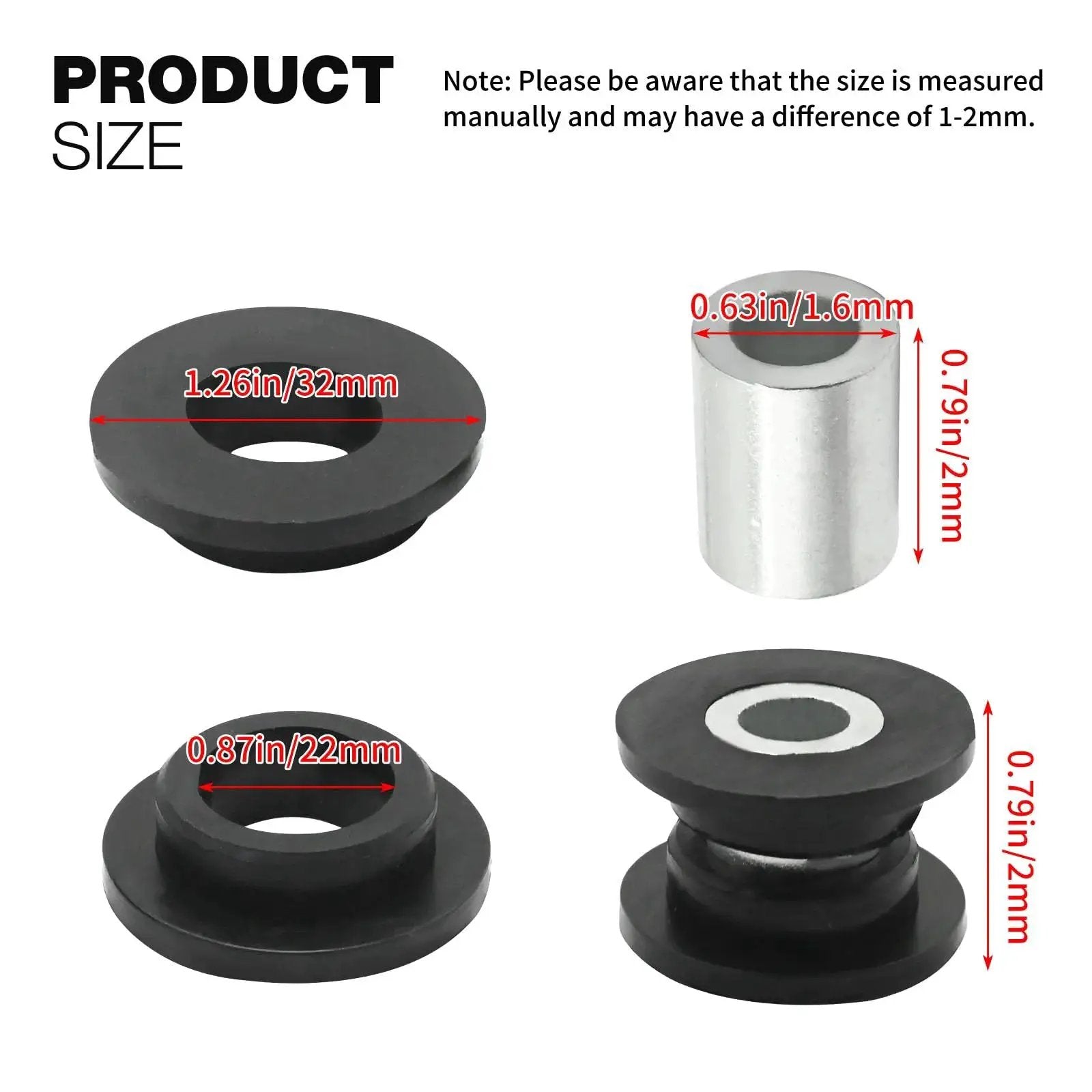Size dimensions of components in Eight Piece Absorber Shock Bushing And Bearing Sleeve Kit For Arctic Cat ATVs 1998-2006