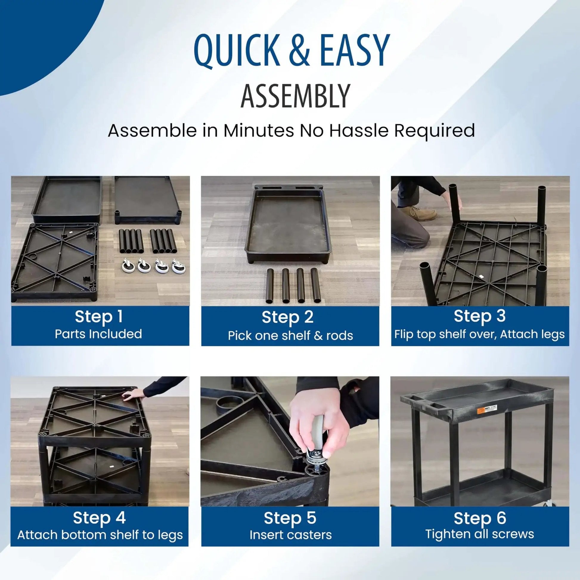Step-by-step assembly of 32 Inch Tub Storage Cart With Two Shelves Black Built For Maximum Capacity Ergonomic Top Handle And Super Handy Maneuver Four Swivel Casters With Two Locking Brakes Molded Plastic Shelves And Legs Won't Stain Scratch Dent Or Rust