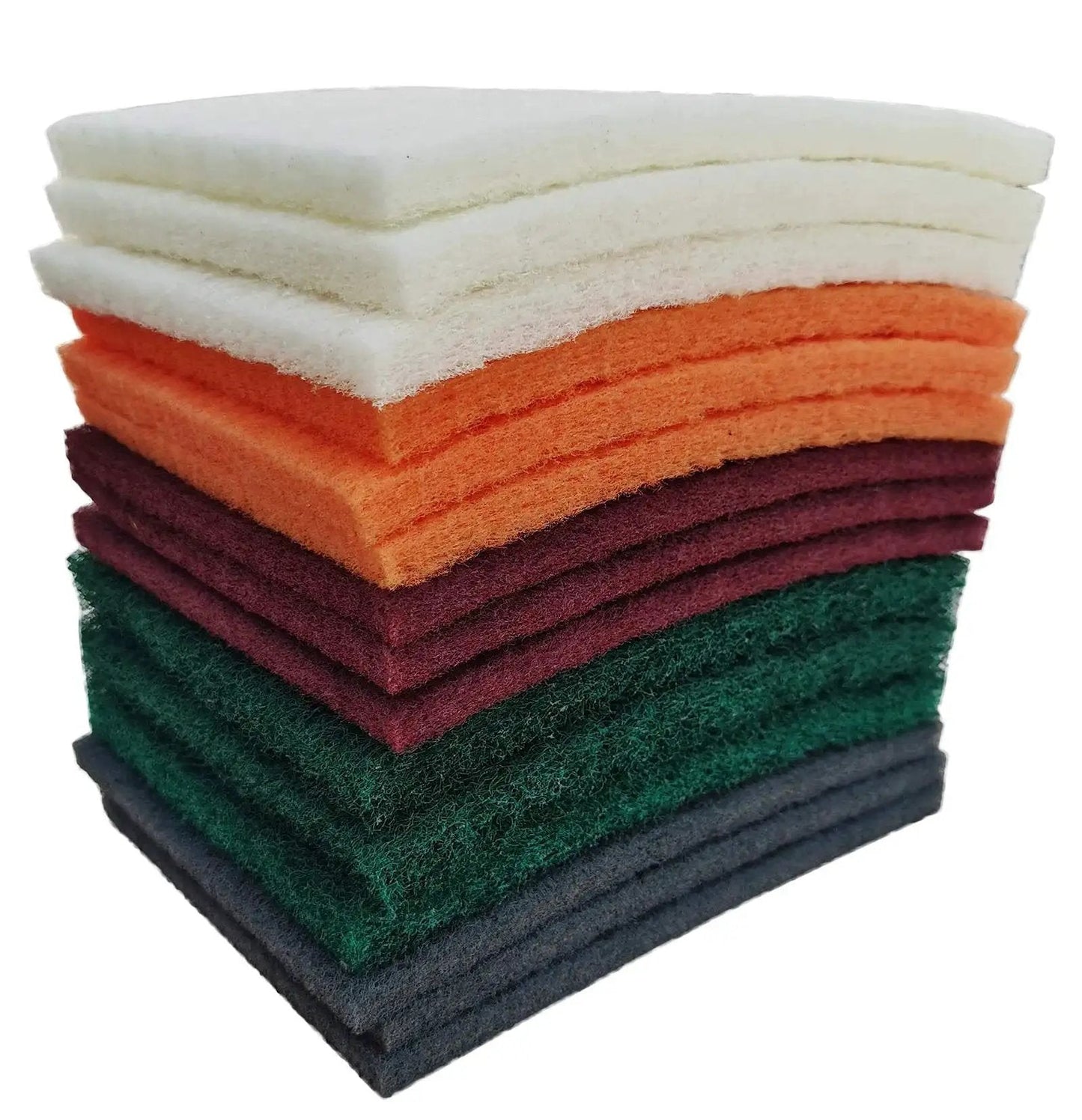 Stack of assorted colored 6x9 inch hand pads coarse to superfine for grills and garden tools