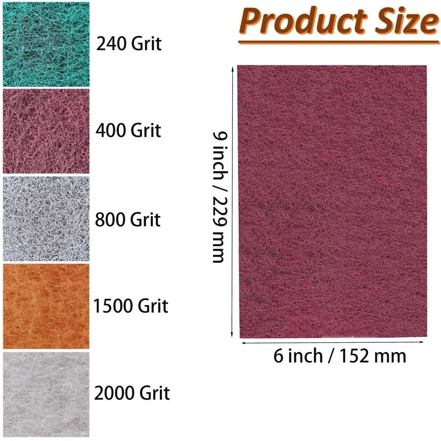 Assorted 6 X 9 Inch Hand Pads Coarse To Superfine For Grills And Garden Tools, showing grit variations and dimensions.