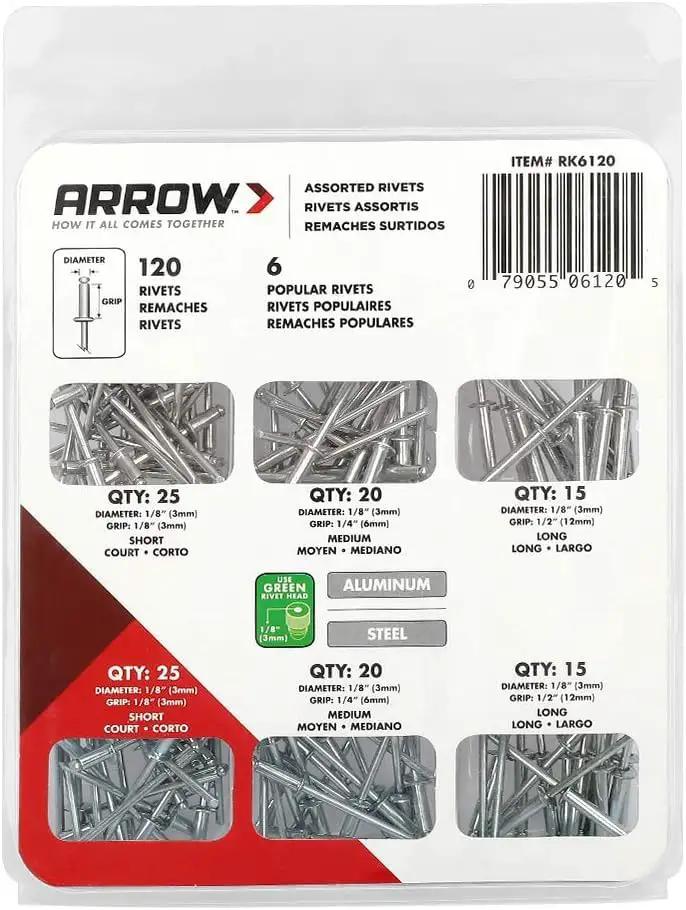 Assorted rivet set included in Pro Grade Heavy Duty Riveter Kit with 120 rivets, various sizes for multiple fastening projects.