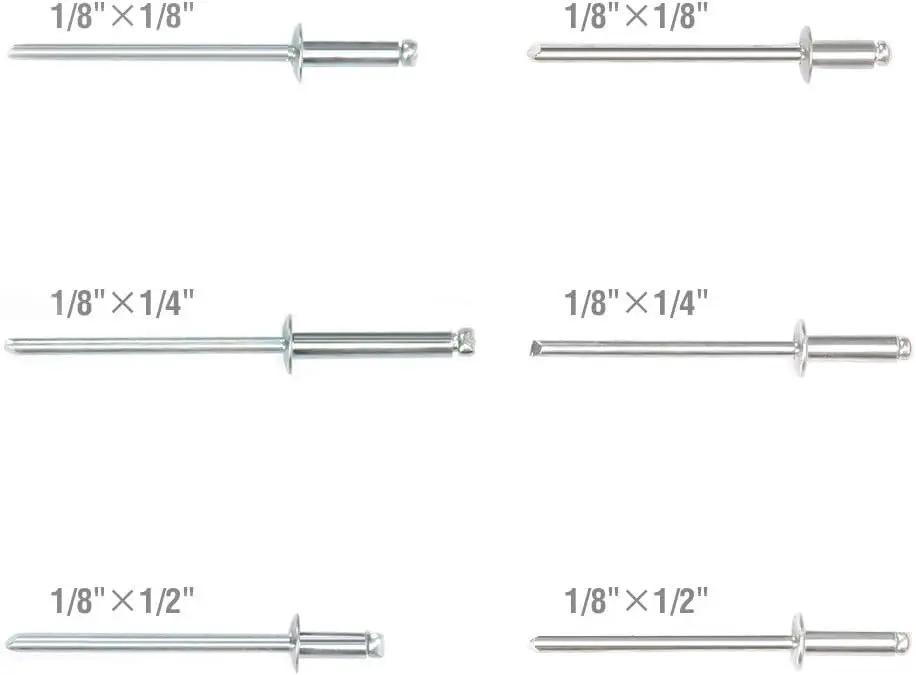 Assorted rivet sizes 1/8" x 1/8" to 1/8" x 1/2" from Pro Grade Heavy Duty Riveter Kit With 120 Assorted Rivets, Portable Manual Pop Rivet Gun.