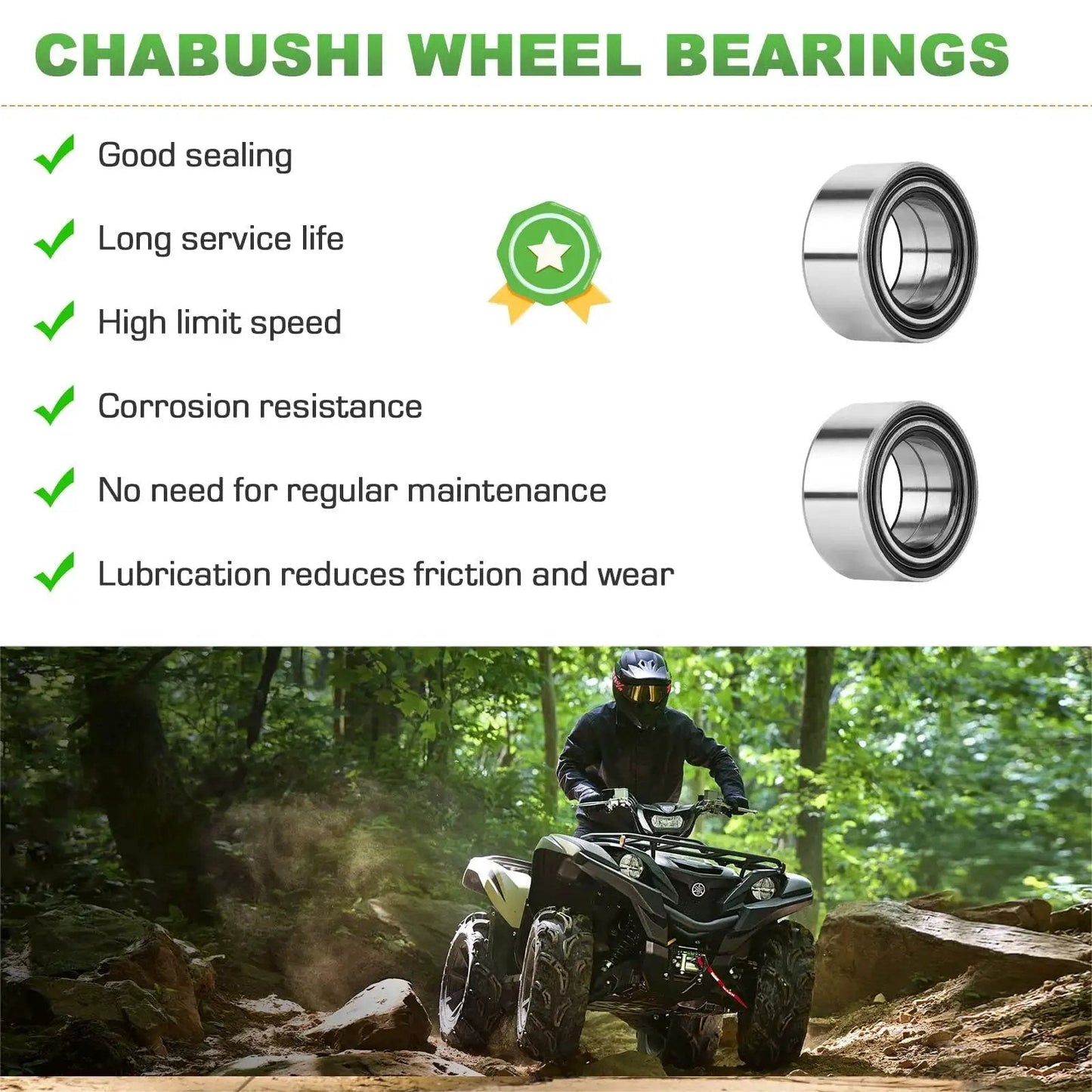CHABUSHI wheel bearings benefits and ATV riding in forest scene
