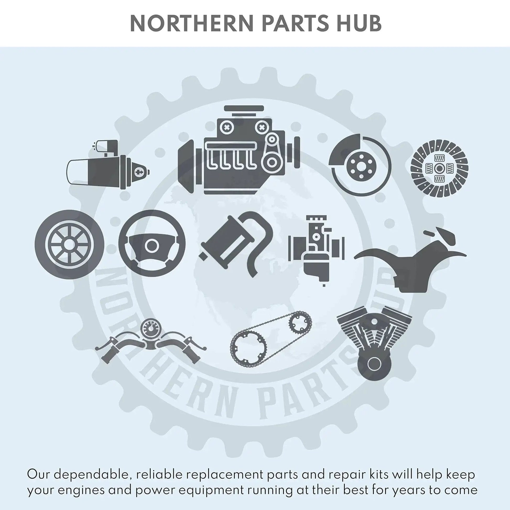 Illustration of various vehicle parts including engine, exhaust, and chain over Northern Parts Hub logo.