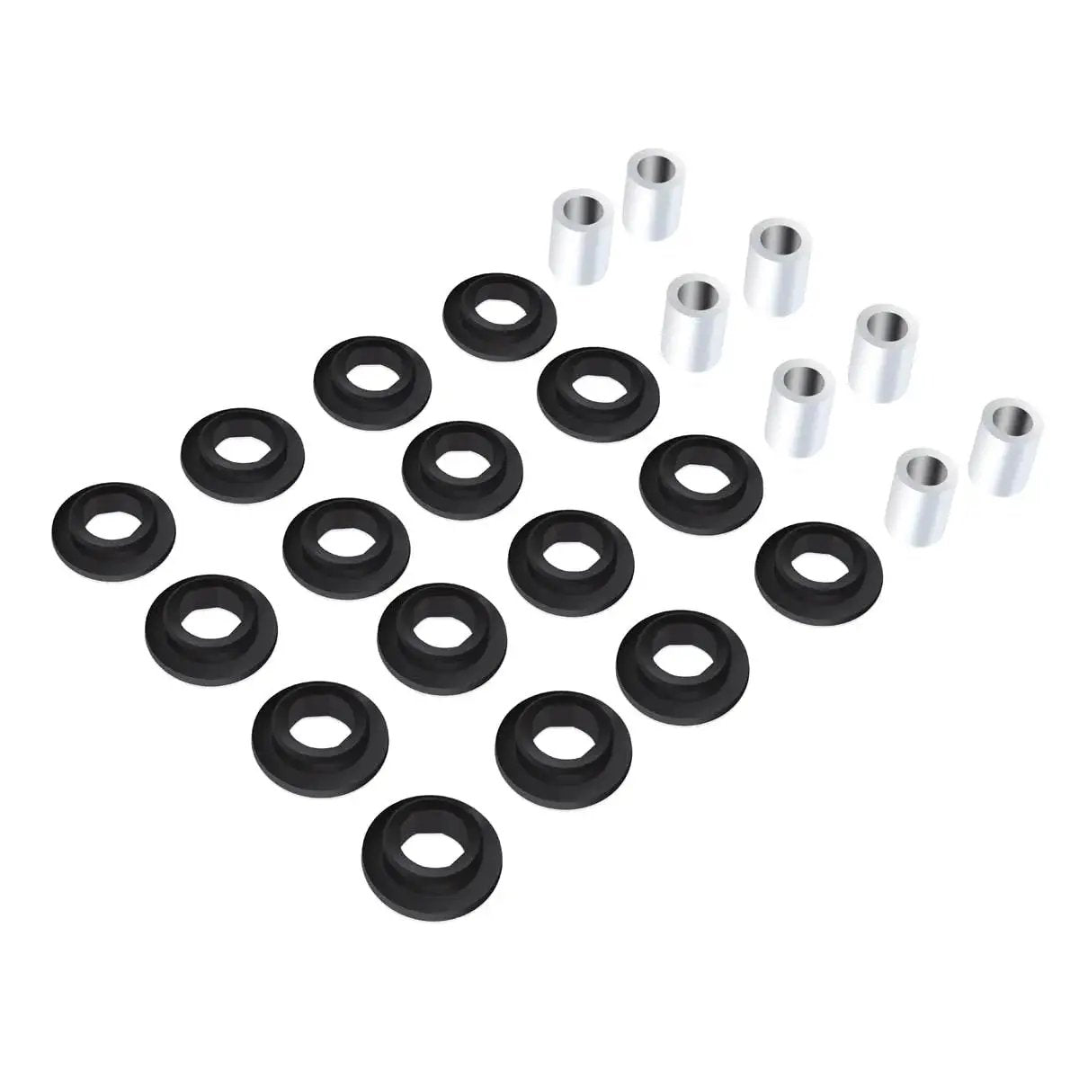 Shock Absorbing Bushing Bearing Sleeve Kit For ATV Front Suspension With 16 Shock Bushings And 8 Bearing Sleeves, Compatible With Arctic Cat Models 250 300 375 400 From 1998 To 2006 Replacement Parts 0604-310 0403-028, shown in a layout of black bushings and silver sleeves