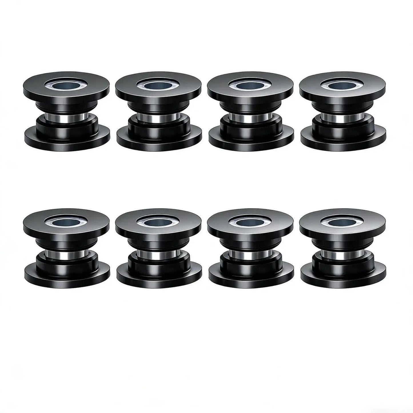Close-up of Shock Absorbing Bushing Bearing Sleeve Kit for ATV Front Suspension, showing 8 black metal bushings arranged in two rows.