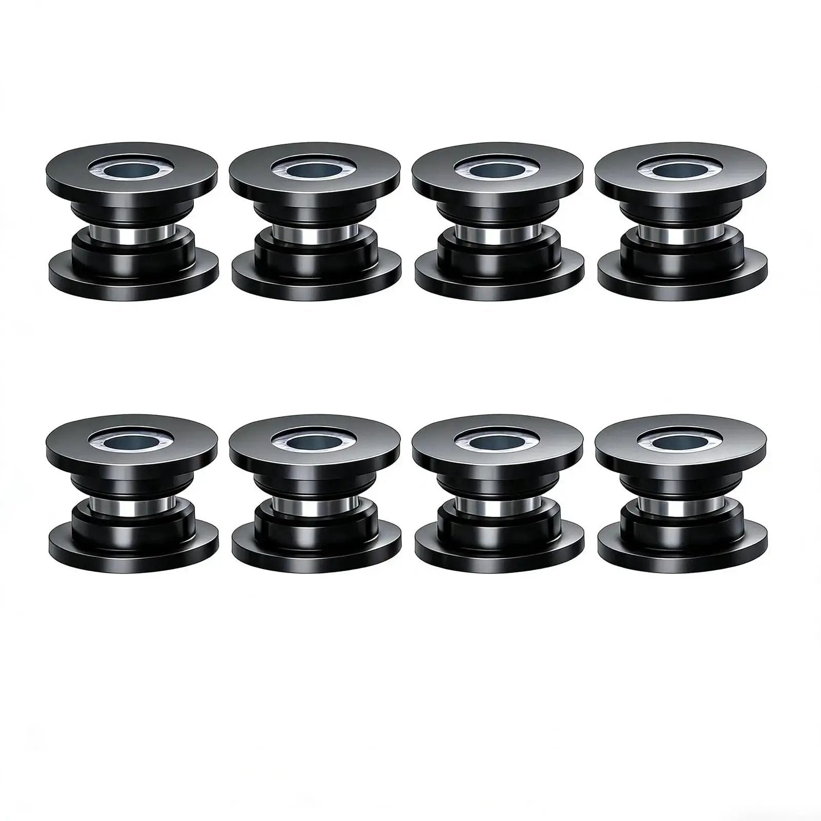 Close-up of Shock Absorbing Bushing Bearing Sleeve Kit for ATV Front Suspension, showing 8 black metal bushings arranged in two rows.