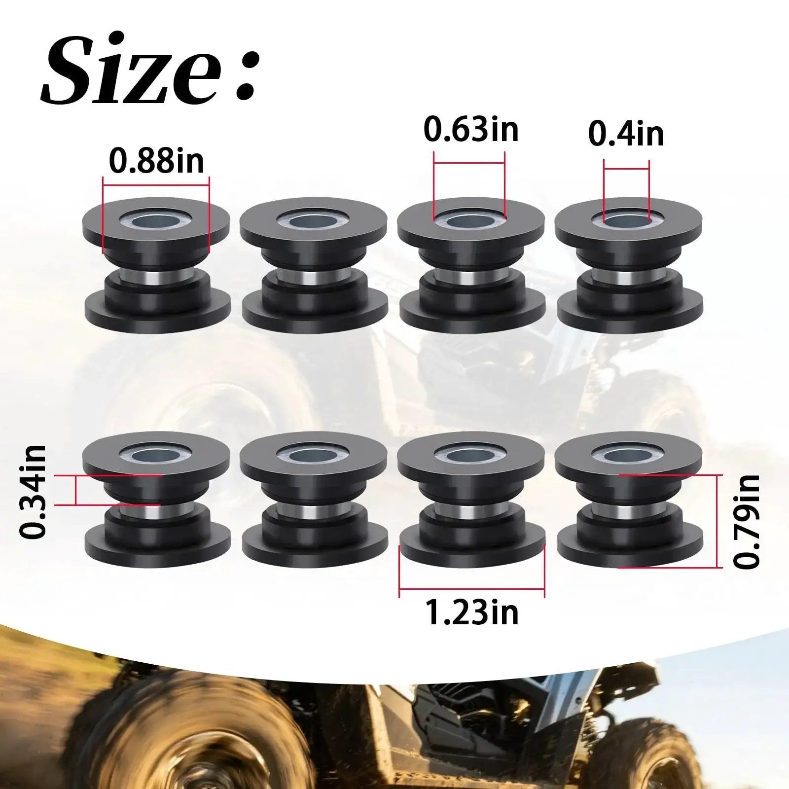 Shock Absorbing Bushing Bearing Sleeve Kit For ATV Front Suspension With 16 Shock Bushings sizes shown, Compatible With Arctic Cat Models 250 300 375 400 From 1998 To 2006 Replacement Parts 0604-310 0403-028