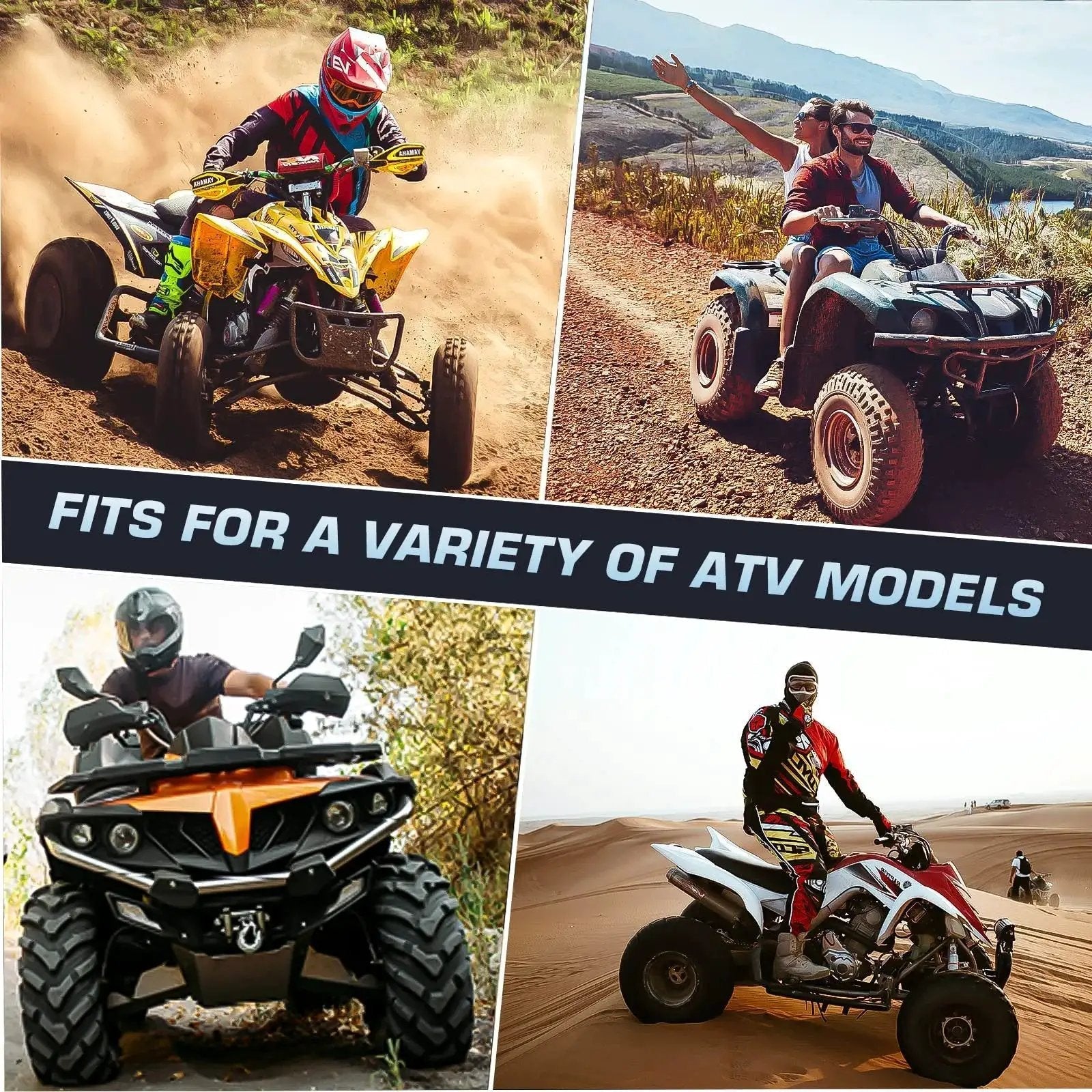 Quad bikes and ATVs on various terrains showcasing suitability of Front Left Or Right ATV Wheel Bearing For Polaris Ace Ranger