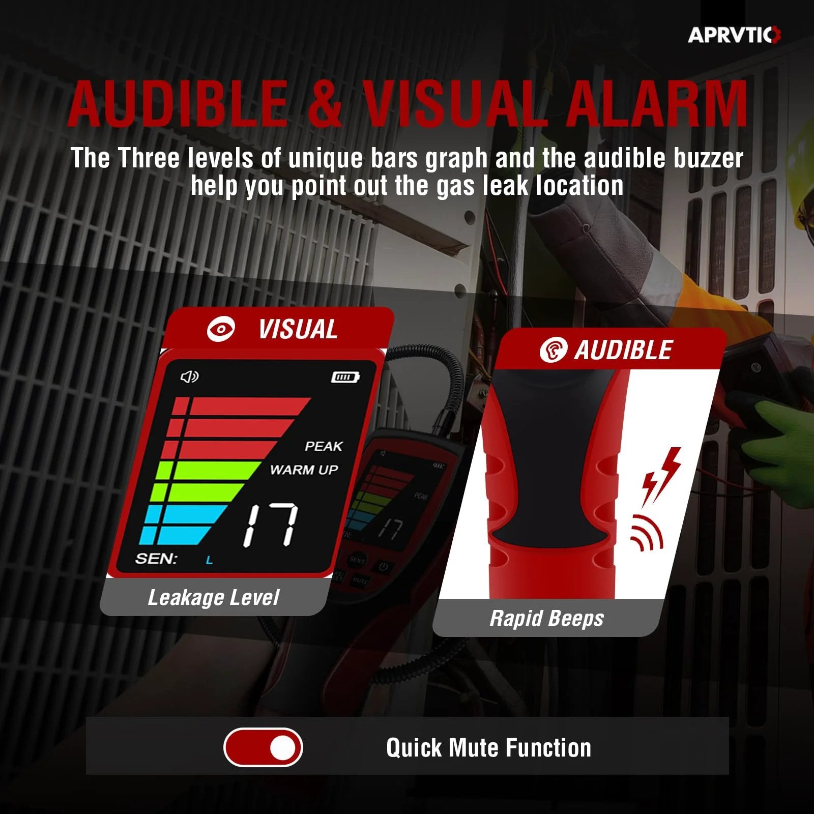 Reliable HVAC Refrigerant Leak Detector With Two Point Six Inch Color Display showing visual and audible alarms for leak detection.