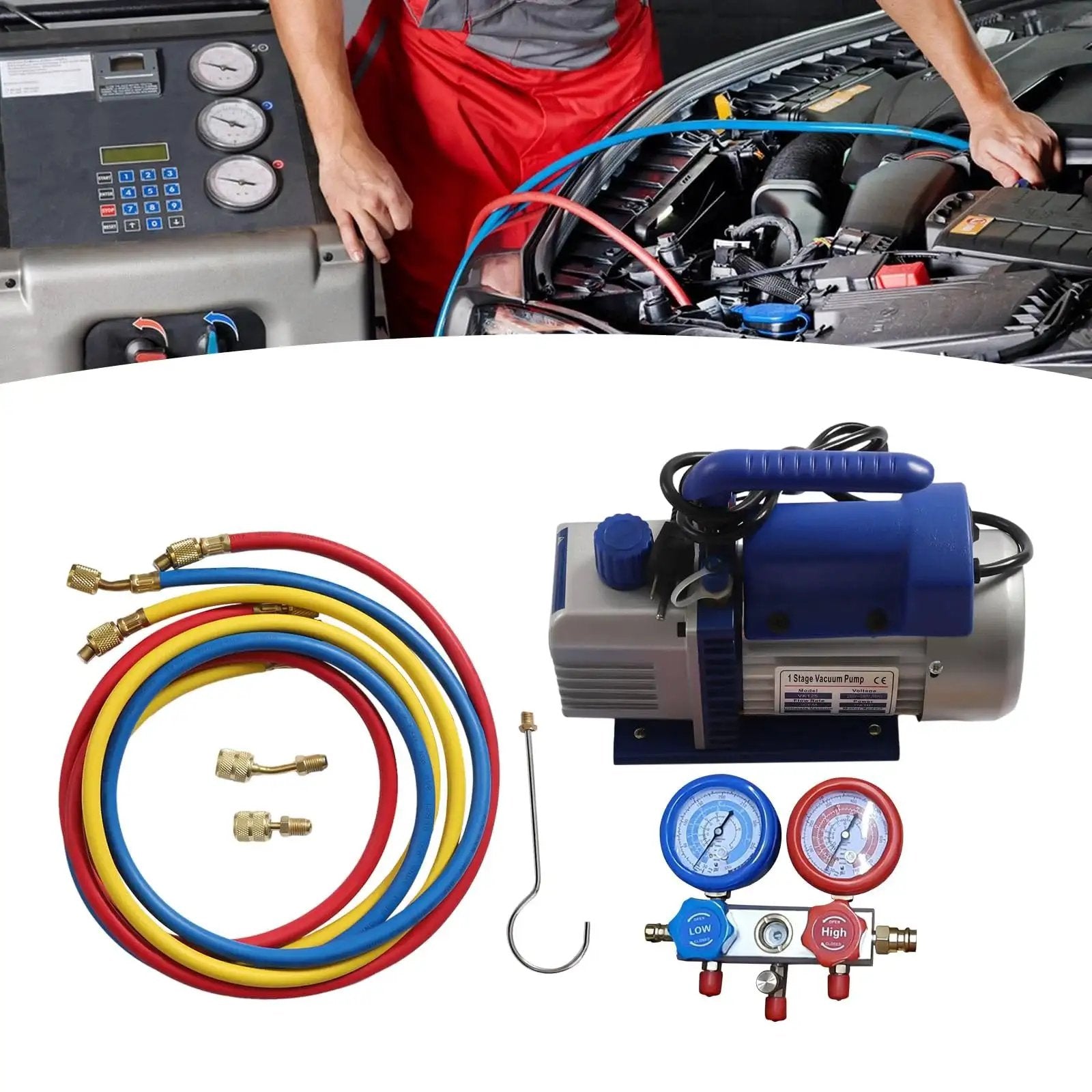 All In One Car AC Repair Kit With 3CFM Vacuum Pump And 4 Way Manifold Gauge for R134a and R410a, hoses and gauges displayed with technician in background