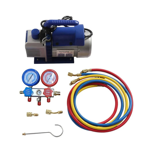 All In One Car AC Repair Kit With 3CFM Vacuum Pump And 4 Way Manifold Gauge For R134a And R410a 110V shown with hoses and couplers