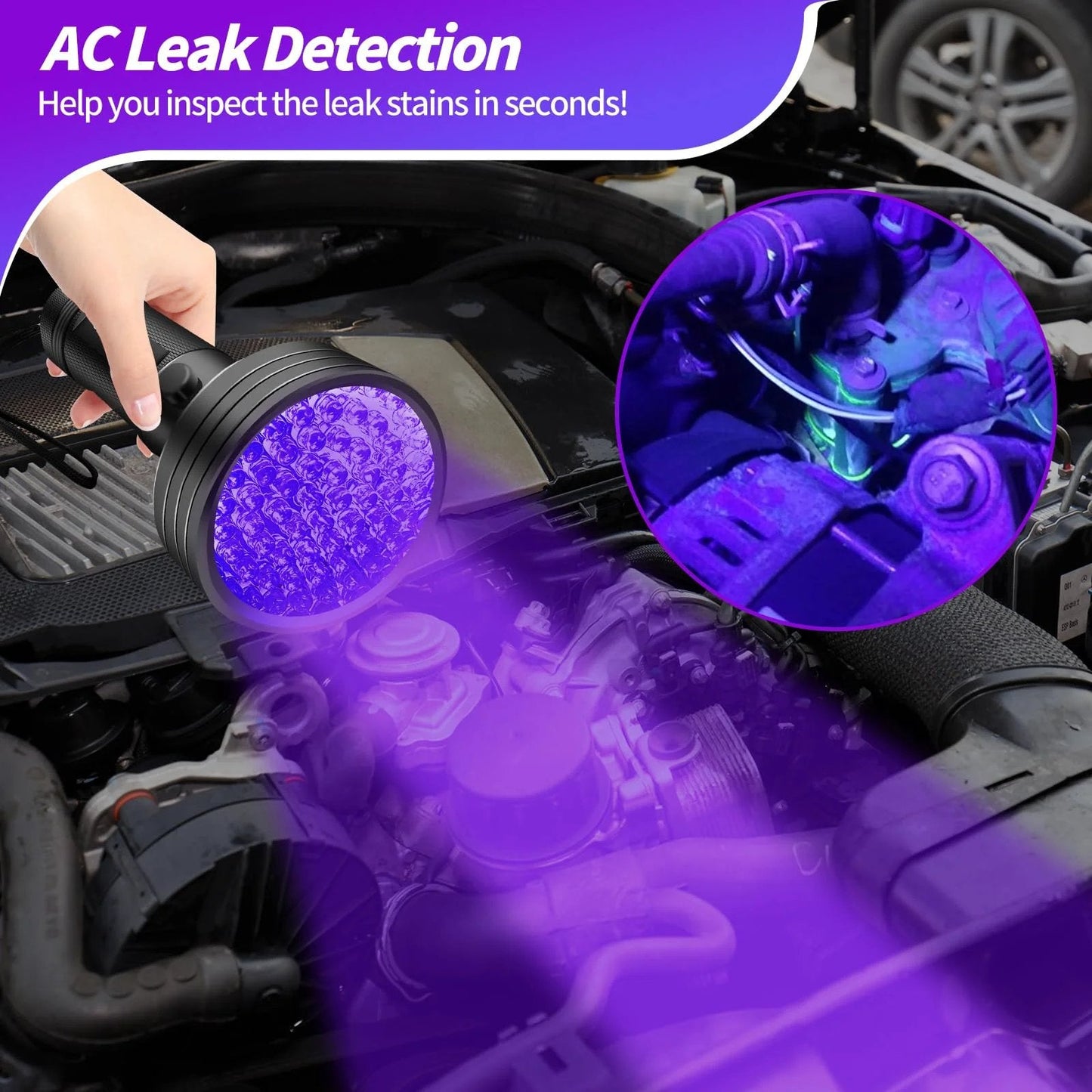 Pro Grade AC UV Dye Leak Detector Kit With 68 LED UV Flashlight and Protective Glasses illuminating engine for leak detection.
