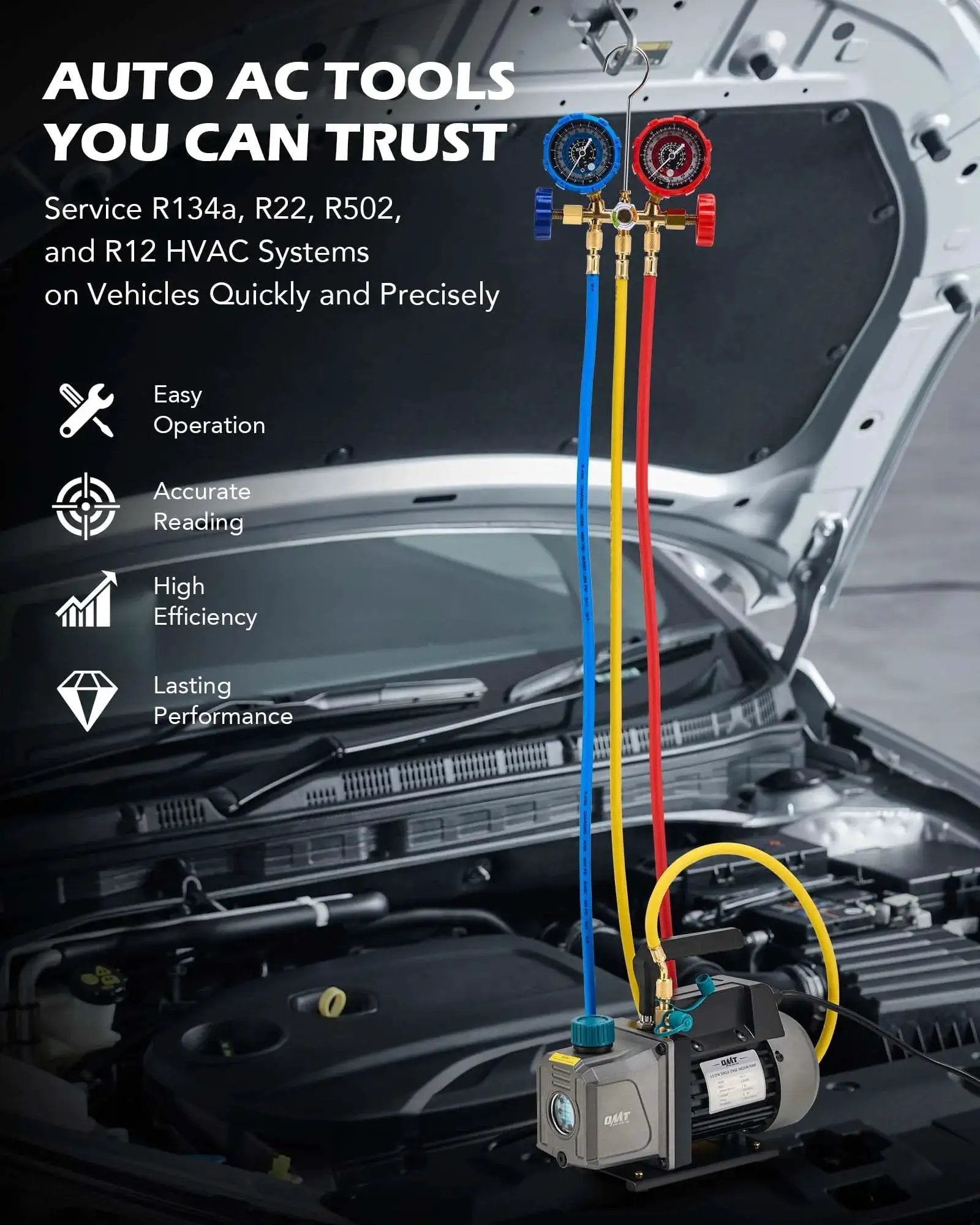 Professional Auto AC Vacuum Pump and Gauge Kit in use for R134a R12 R22 with hoses and quick couplers, Orion Motor Tech