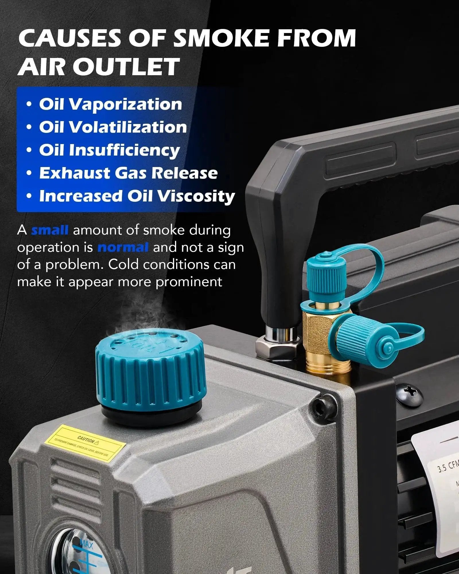 Close-up of Professional Auto AC Vacuum Pump showing oil cap and detailing causes of smoke in operation.