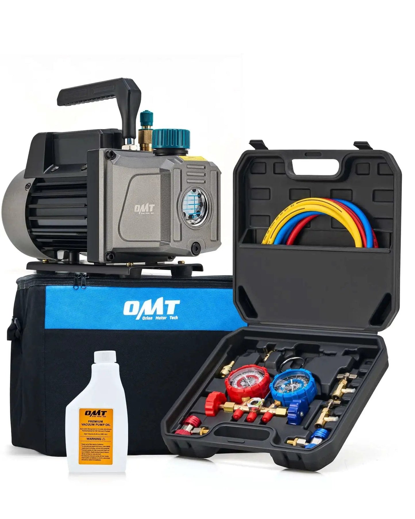 Professional Auto AC Vacuum Pump And Gauge Kit For R134a R12 R22 with 1/4 HP pump, hoses, quick couplers, and carry case displayed.