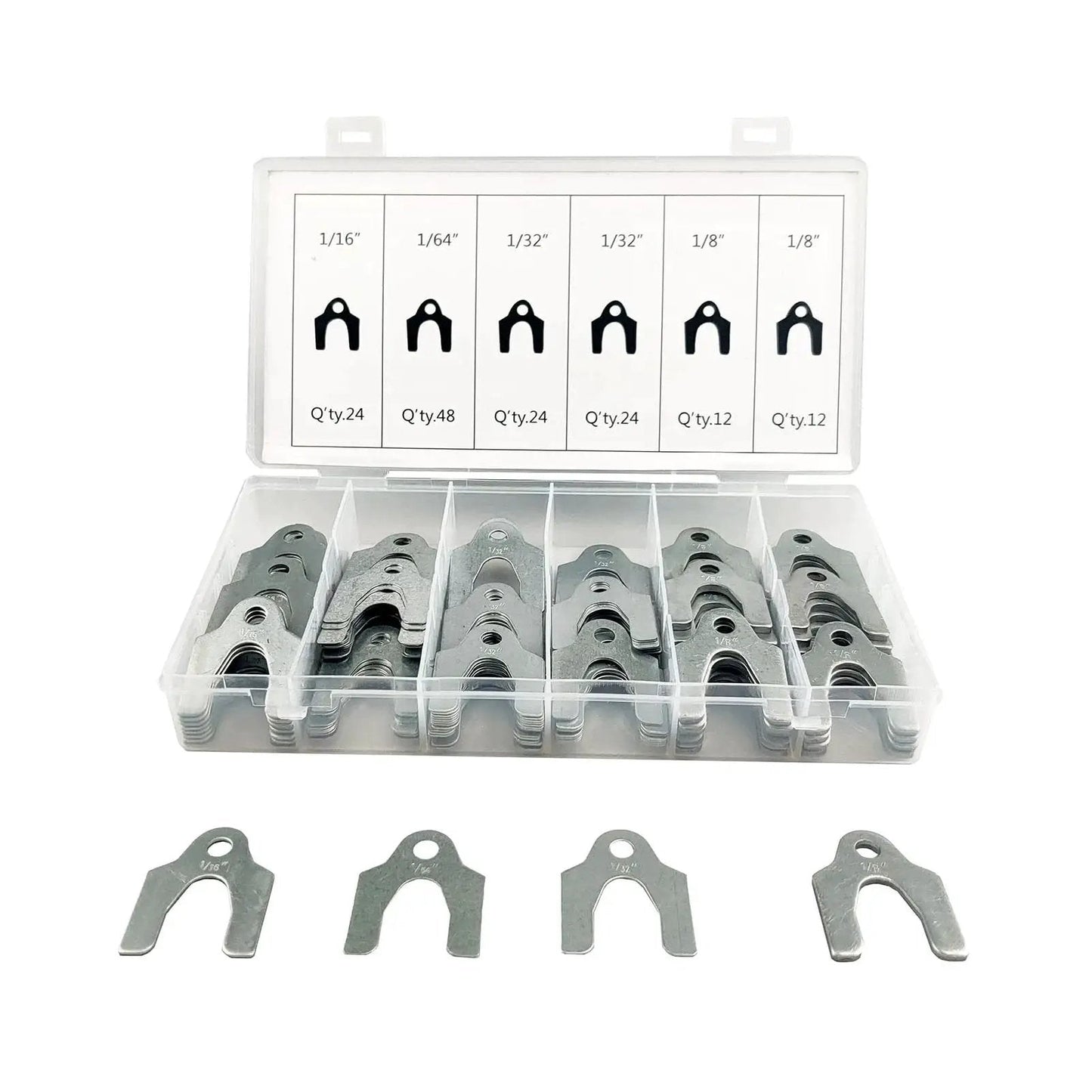 Auto Alignment Shim Set 144 Pieces In Four Sizes 1 64th 1 32nd 1 16th And 1 8th Inch displayed in resealable box