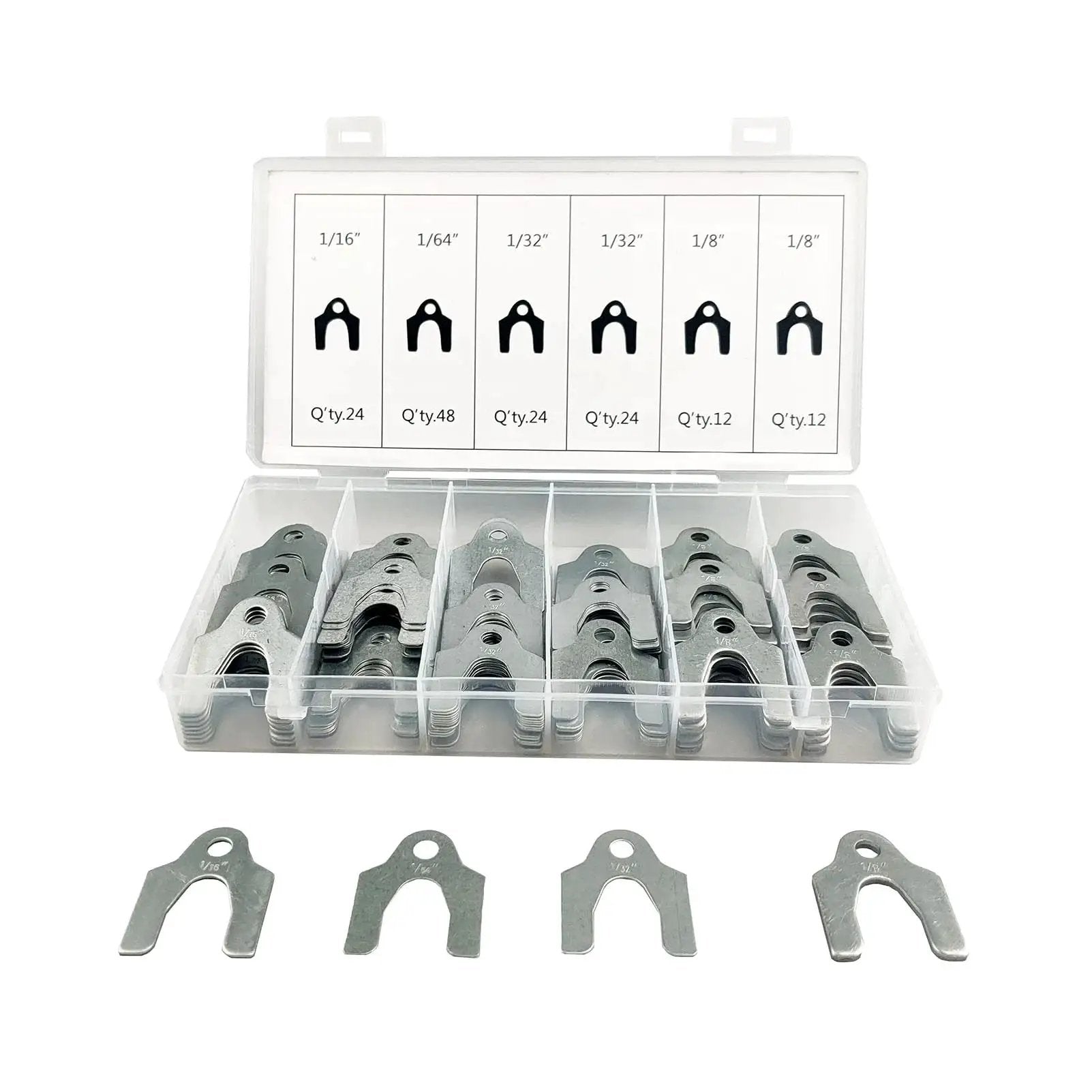 Auto Alignment Shim Set 144 Pieces In Four Sizes 1 64th 1 32nd 1 16th And 1 8th Inch displayed in resealable box