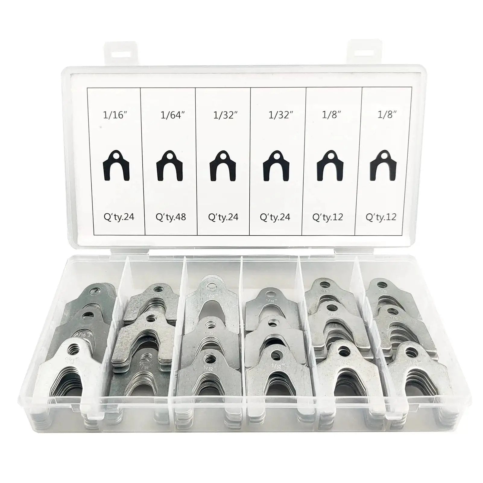Auto Alignment Shim Set 144 Pieces In Four Sizes 1 64th 1 32nd 1 16th And 1 8th Inch in clear storage box for camber caster toe adjustments