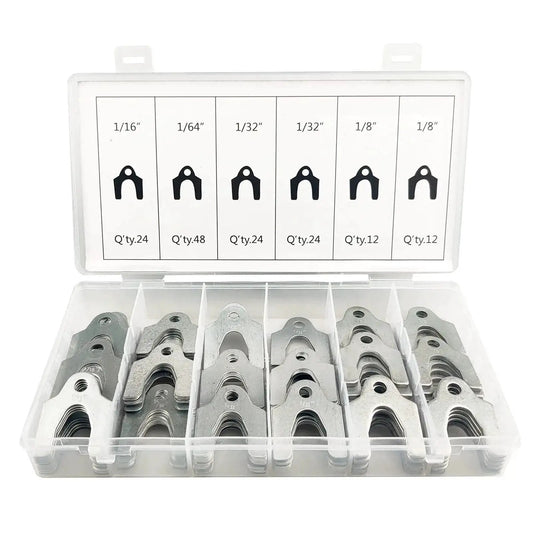Auto Alignment Shim Set 144 Pieces In Four Sizes 1 64th 1 32nd 1 16th And 1 8th Inch in clear storage box for camber caster toe adjustments