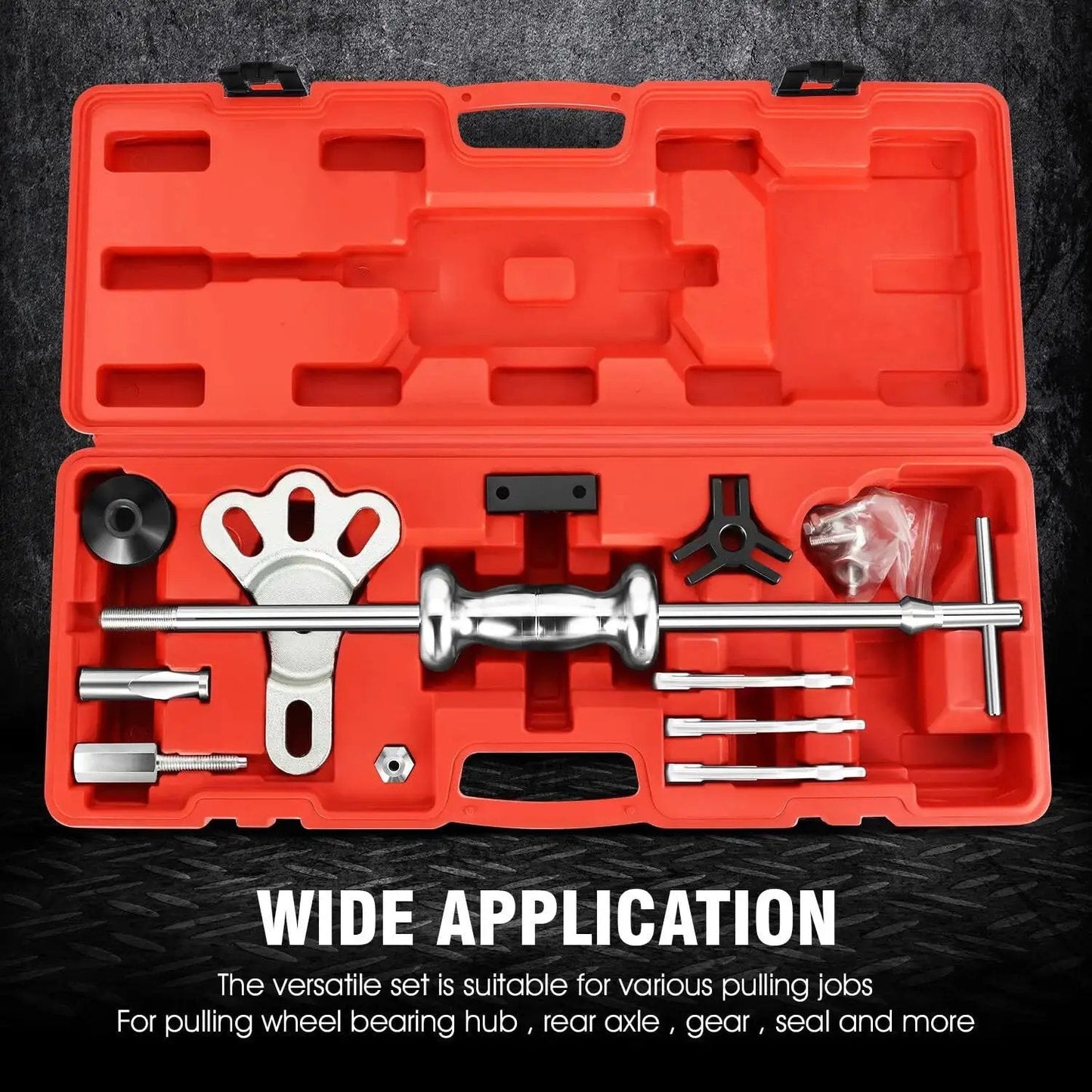 8-Way Slide Hammer Dent Puller Set with 5 lb hammer and tools in red carrying case for auto body repair