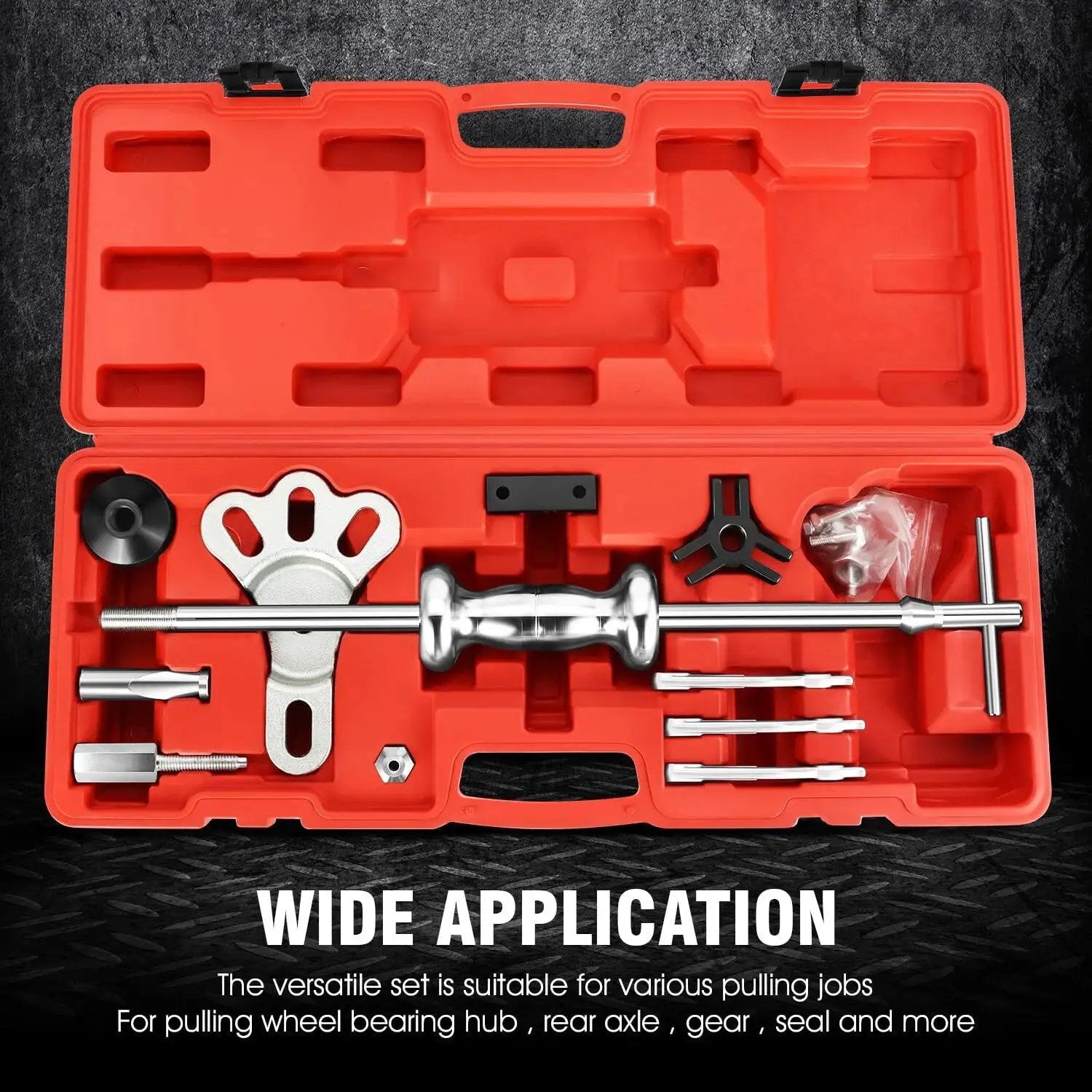 8-Way Slide Hammer Dent Puller Set with 5 lb hammer and tools in red carrying case for auto body repair